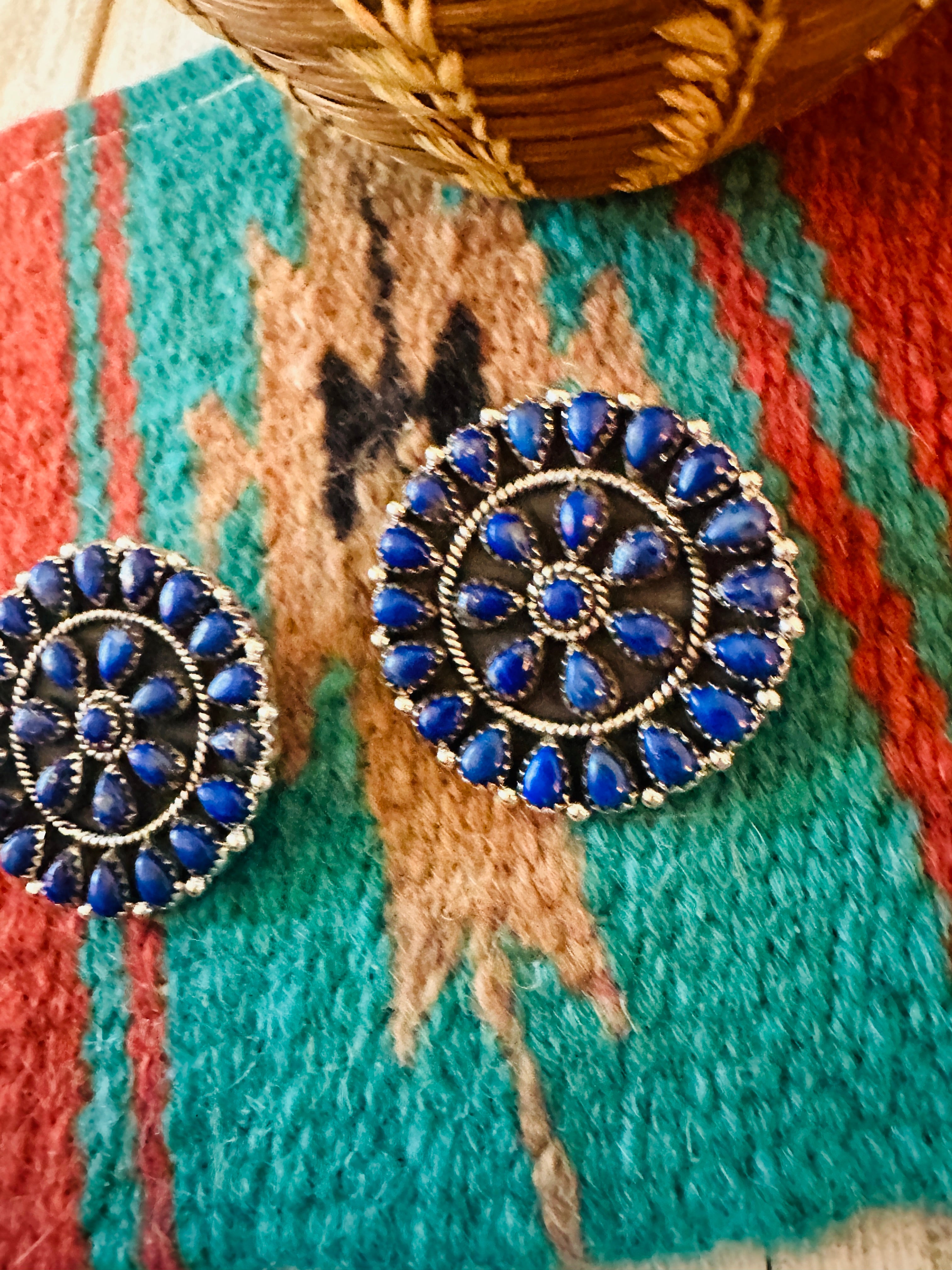 Handmade Lapis & Sterling Silver Cluster Post Earrings Signed Nizhoni