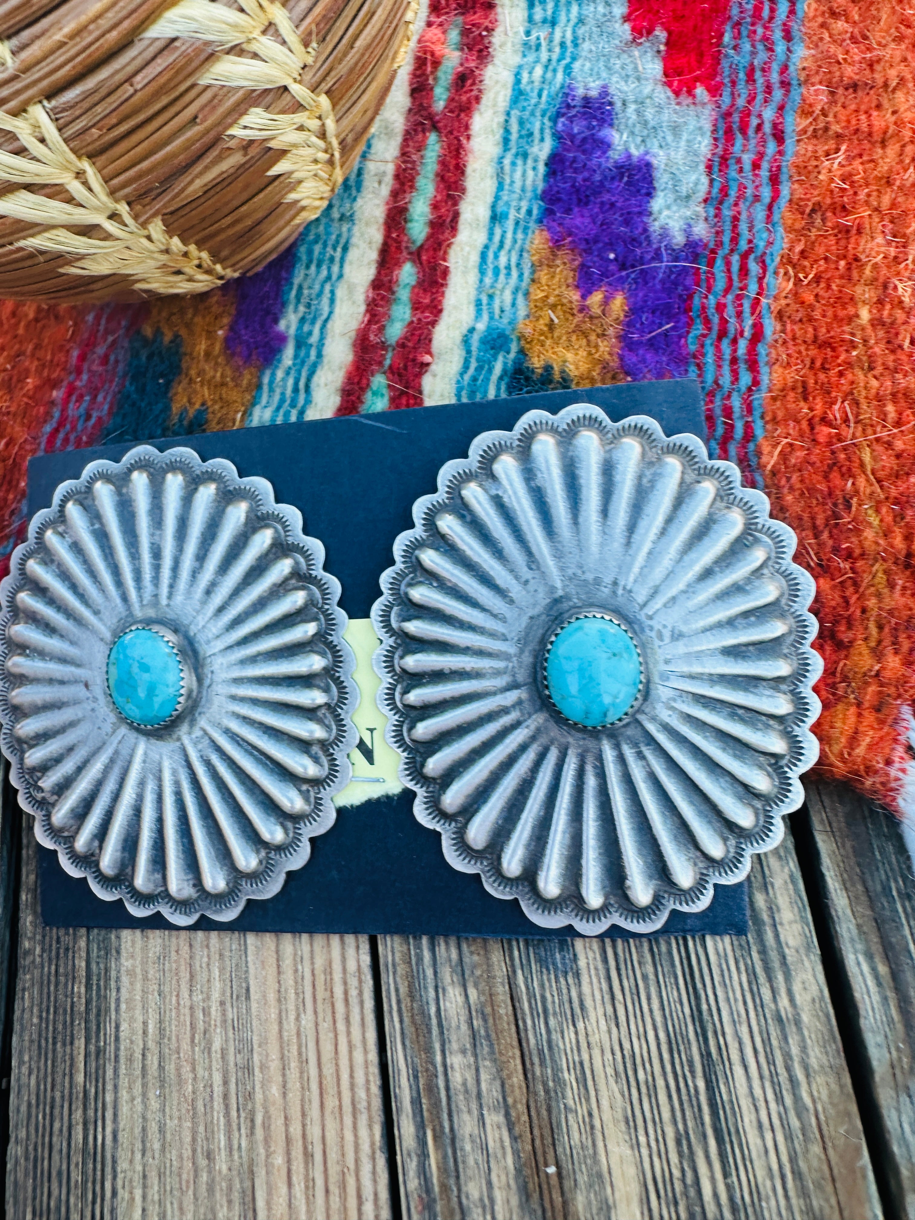 Handcrafted Old Pawn Sterling Silver & Turquoise Concho Post Earrings