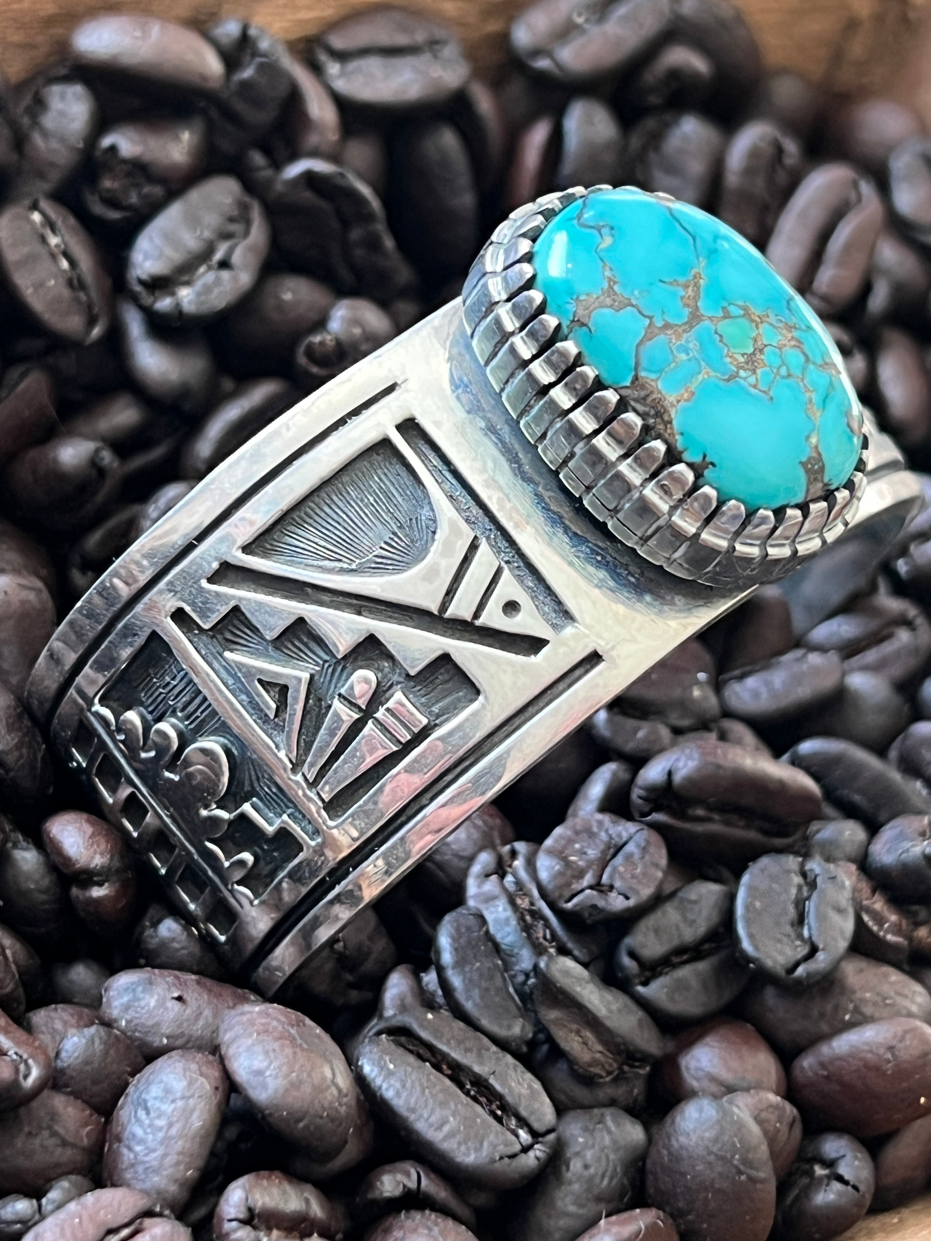 Handcrafted Timmy Earl Yazzie Kilt Design Sterling and Turquoise Cuff