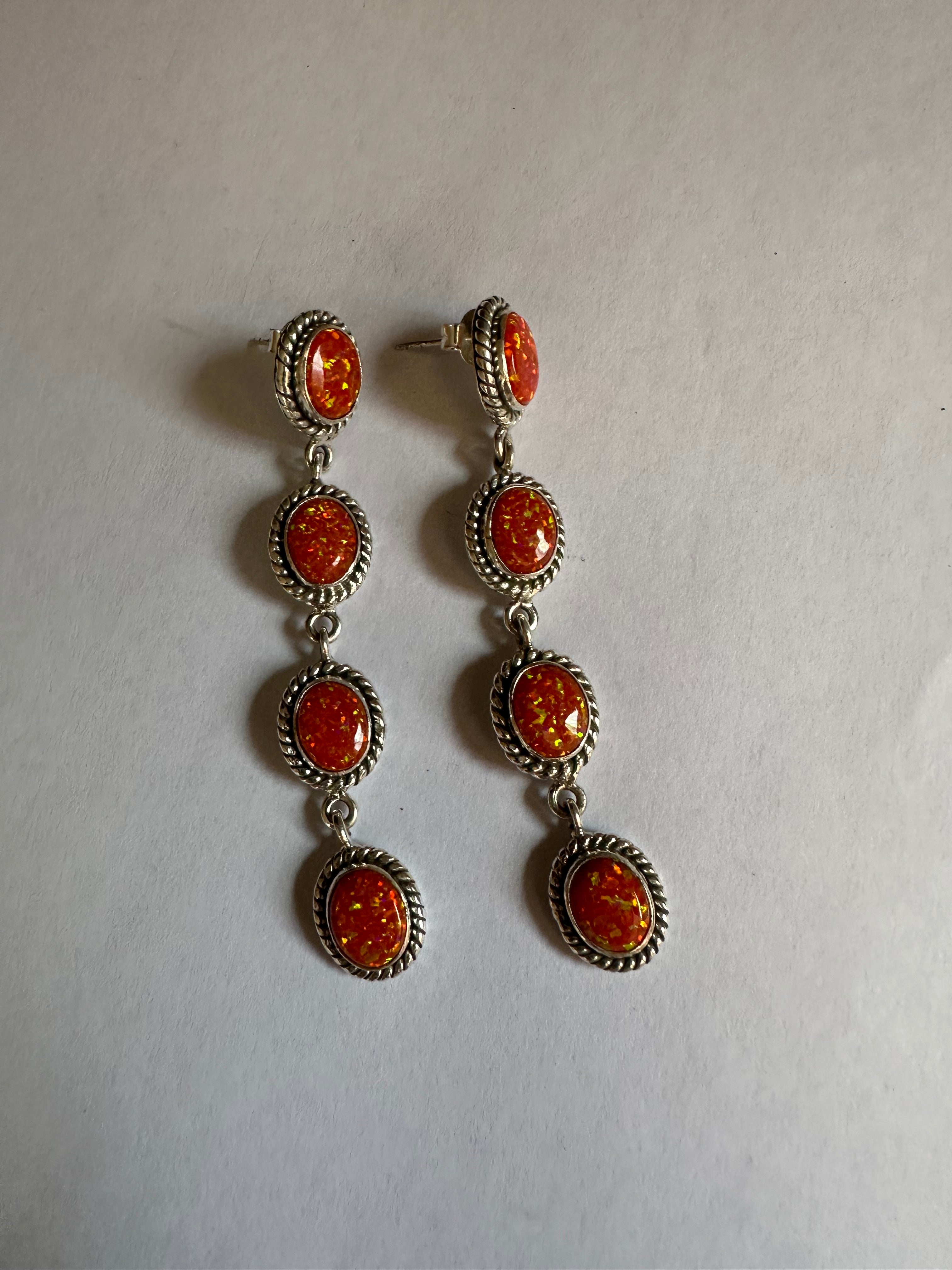 Handmade Orange Fire Opal and Sterling Silver Handmade Dangles