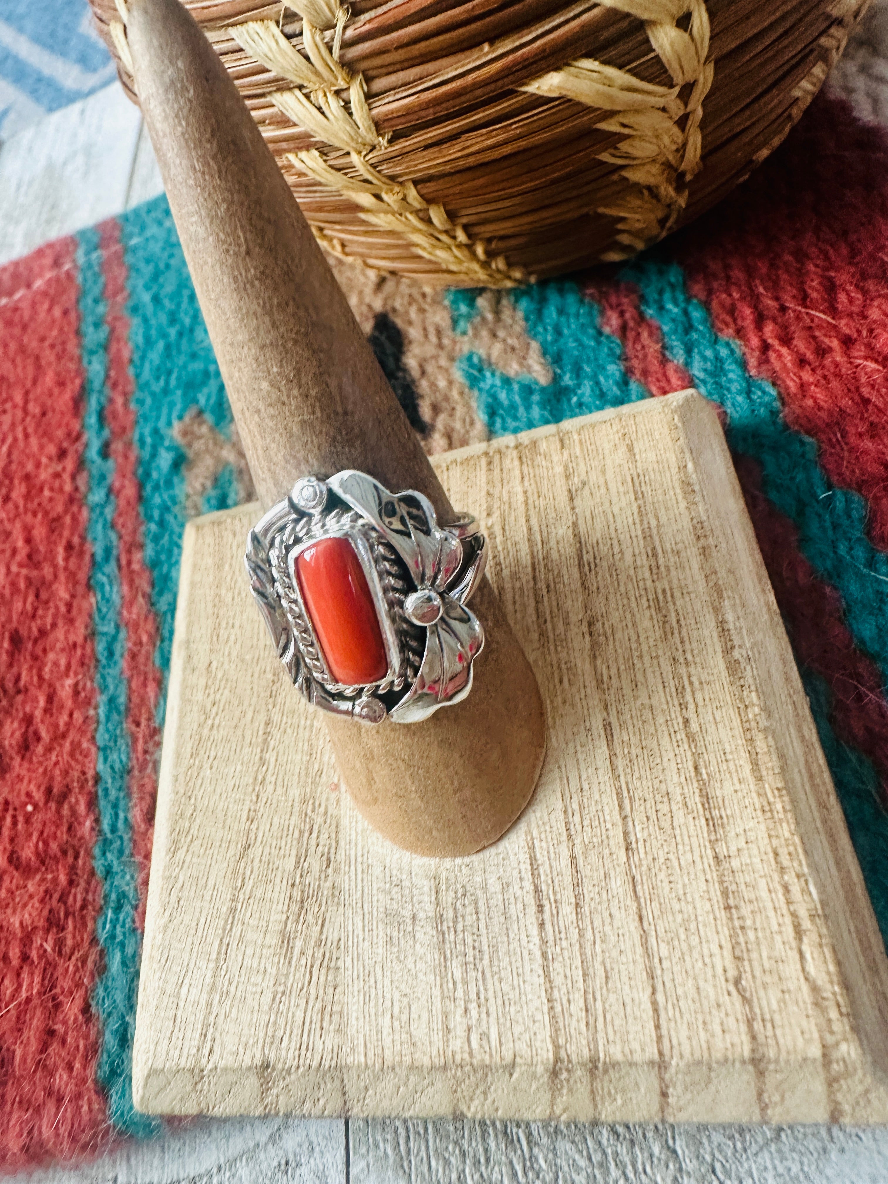 Navajo Coral & Sterling Silver Ring Size 7