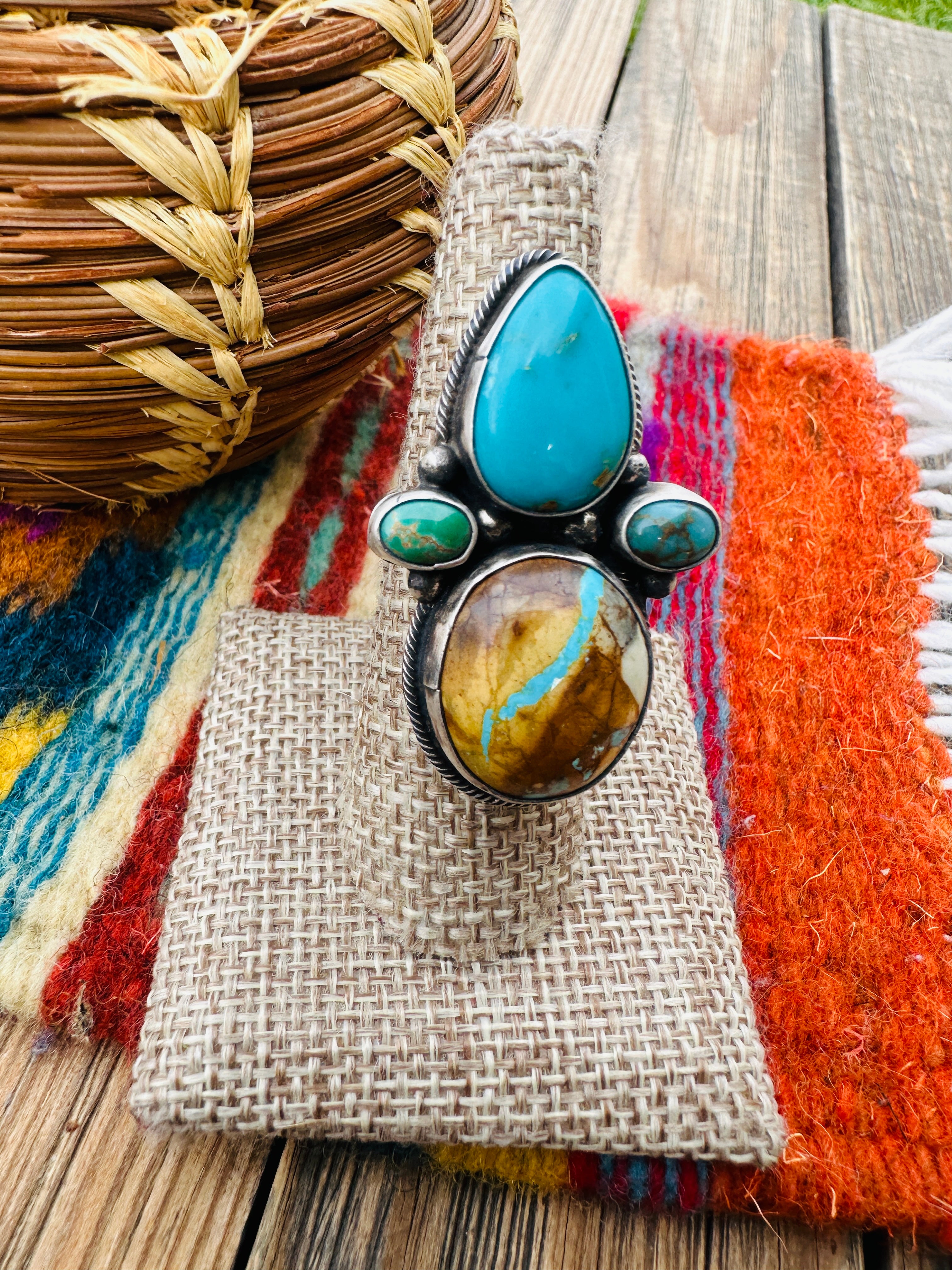 Handcrafted Multi Turquoise & Sterling Silver Adjustable Ring by Travis Jim