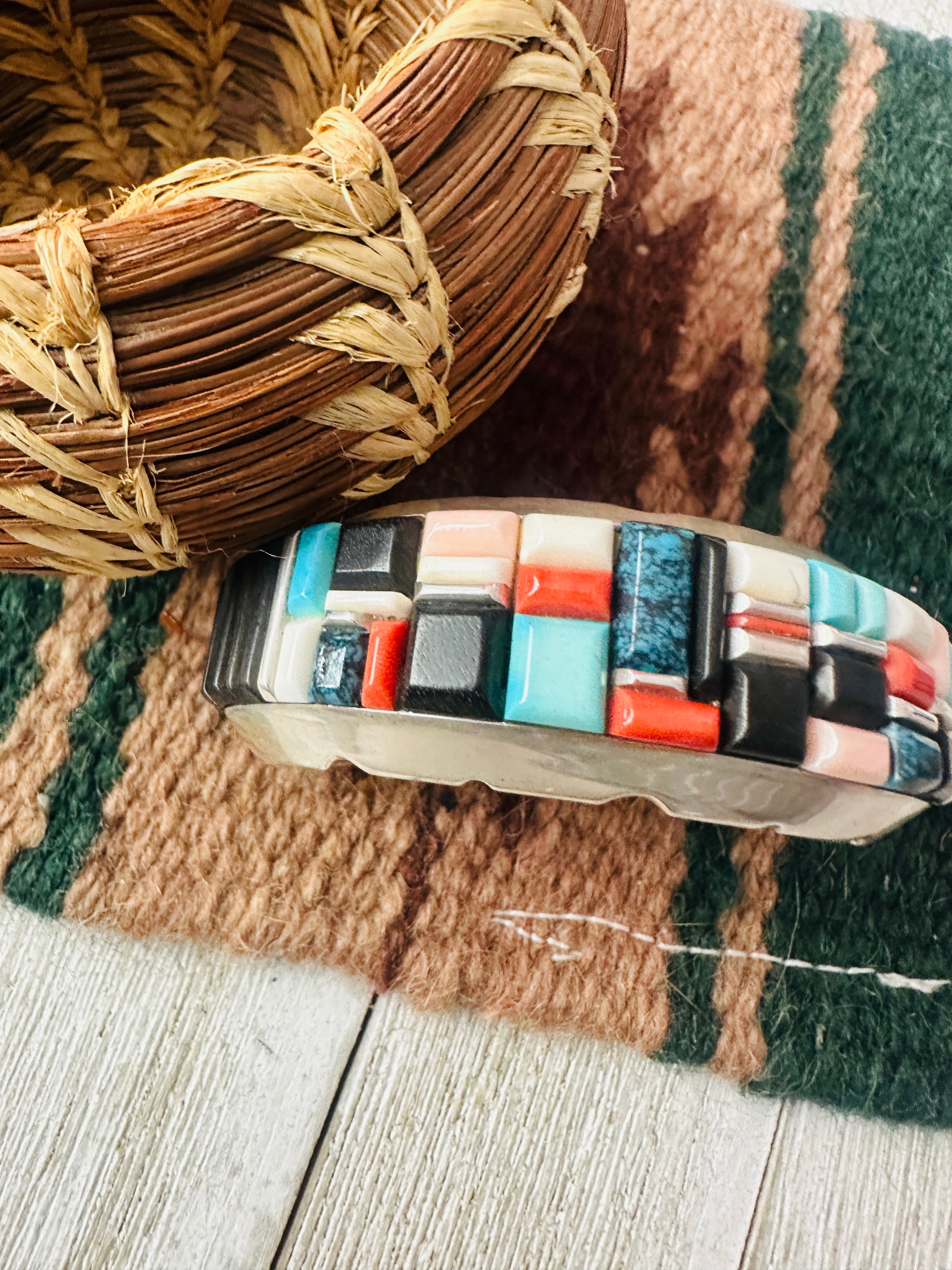 Handcrafted Old Pawn Multi Stone & Sterling Silver Inlay Cuff Bracelet