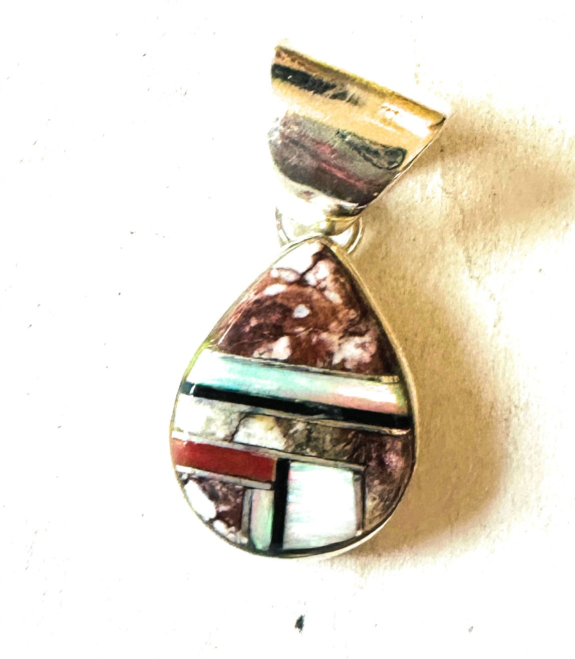 Navajo Multi Stone & Sterling Silver Inlay Teardrop Pendant