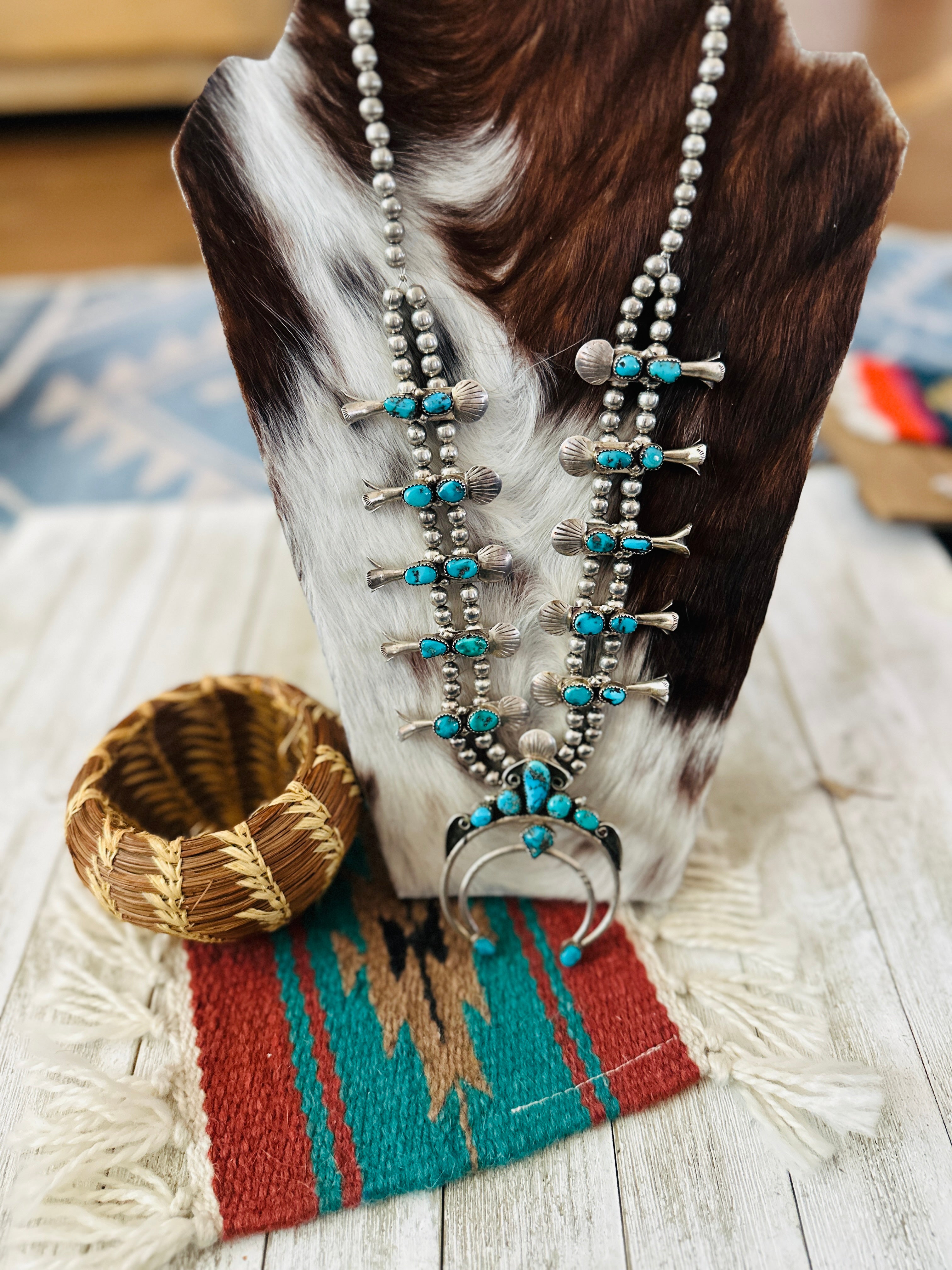 Old Pawn Handcrafted Turquoise & Sterling Silver Squash Blossom Necklace