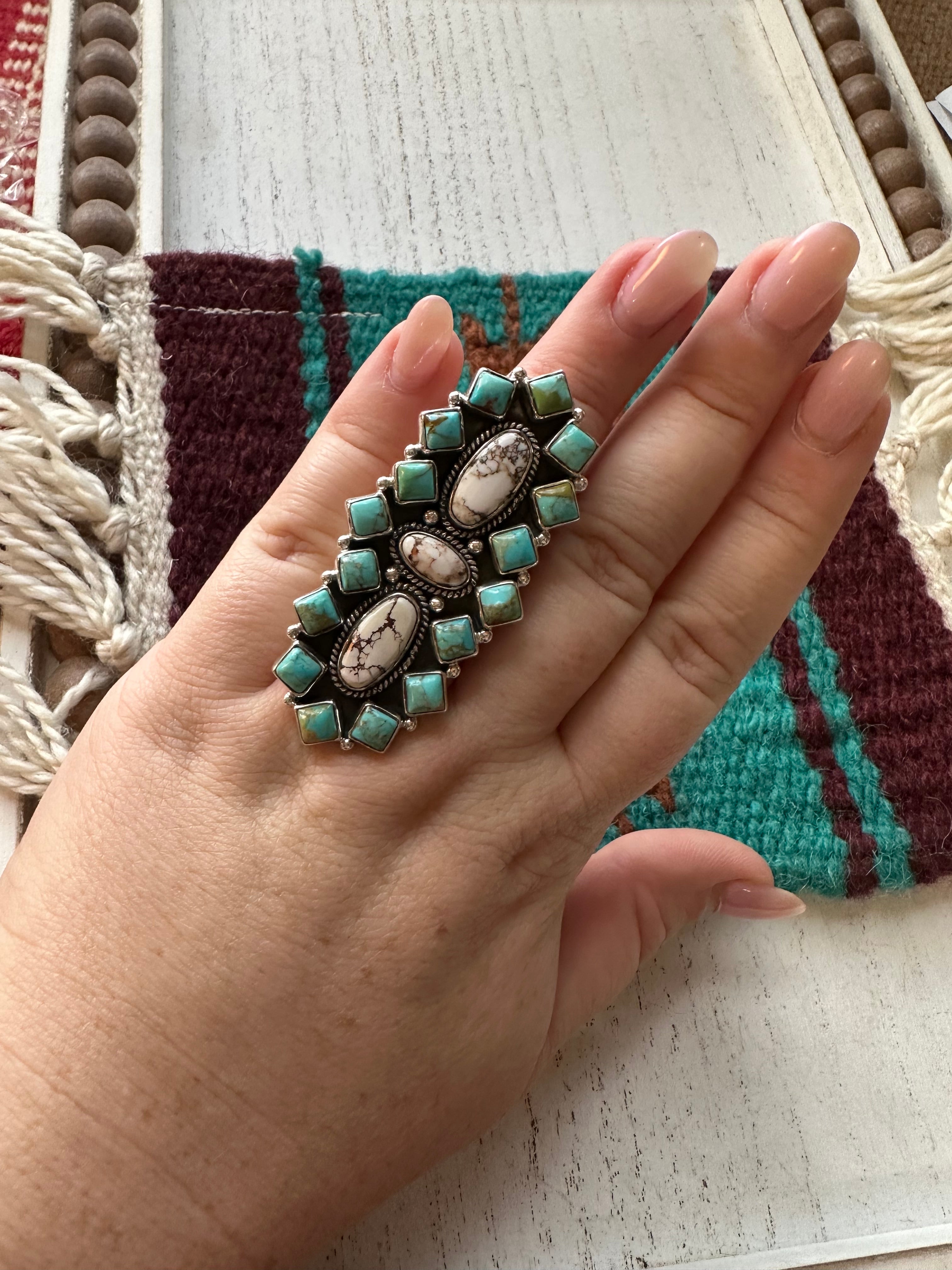 Beautiful Sterling Silver, Wild Horse & Turquoise Adjustable Ring