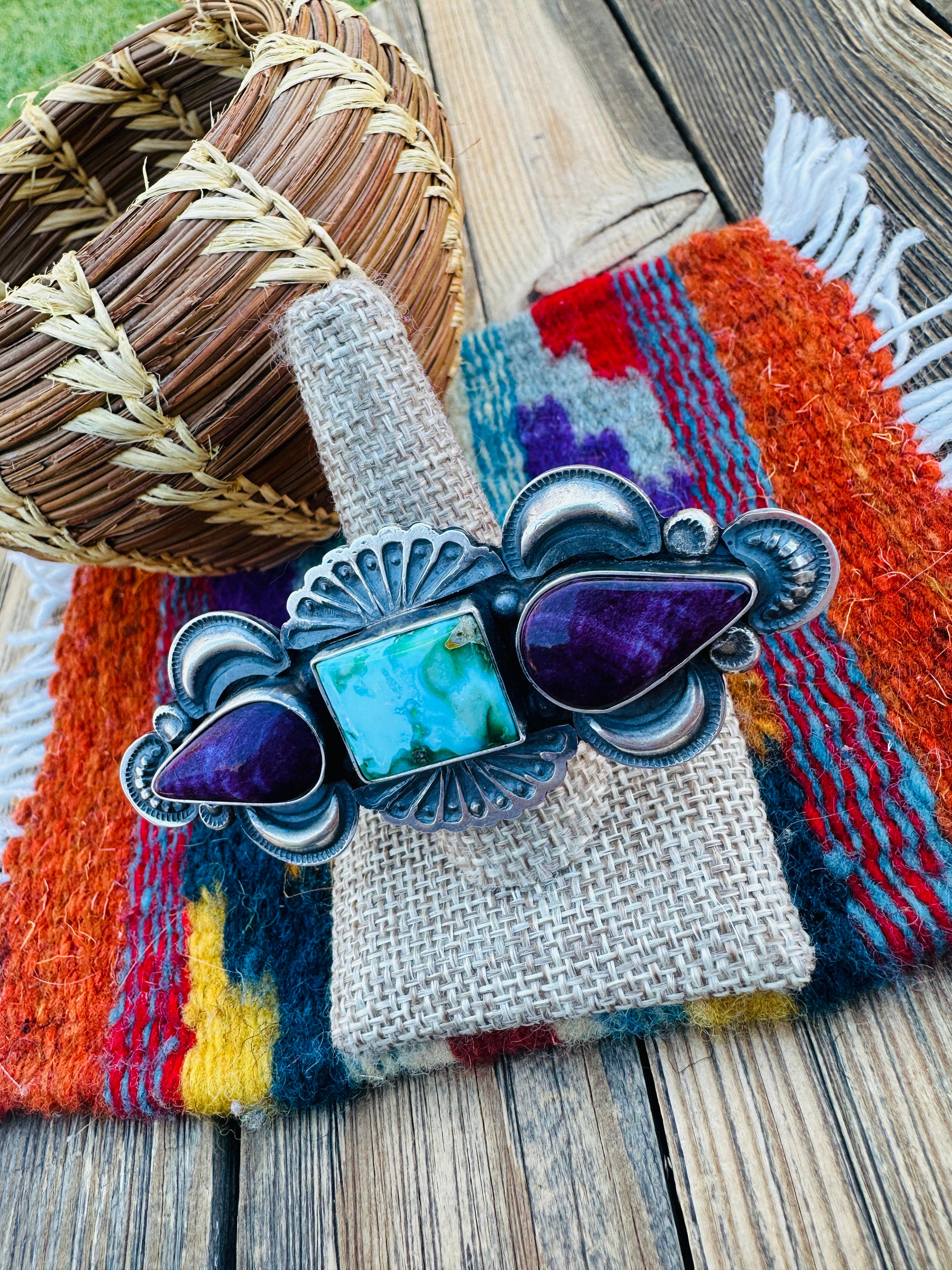 Handcrafted Turquoise, Spiny Oyster & Sterling Silver Adjustable Ring by Leon Martinez