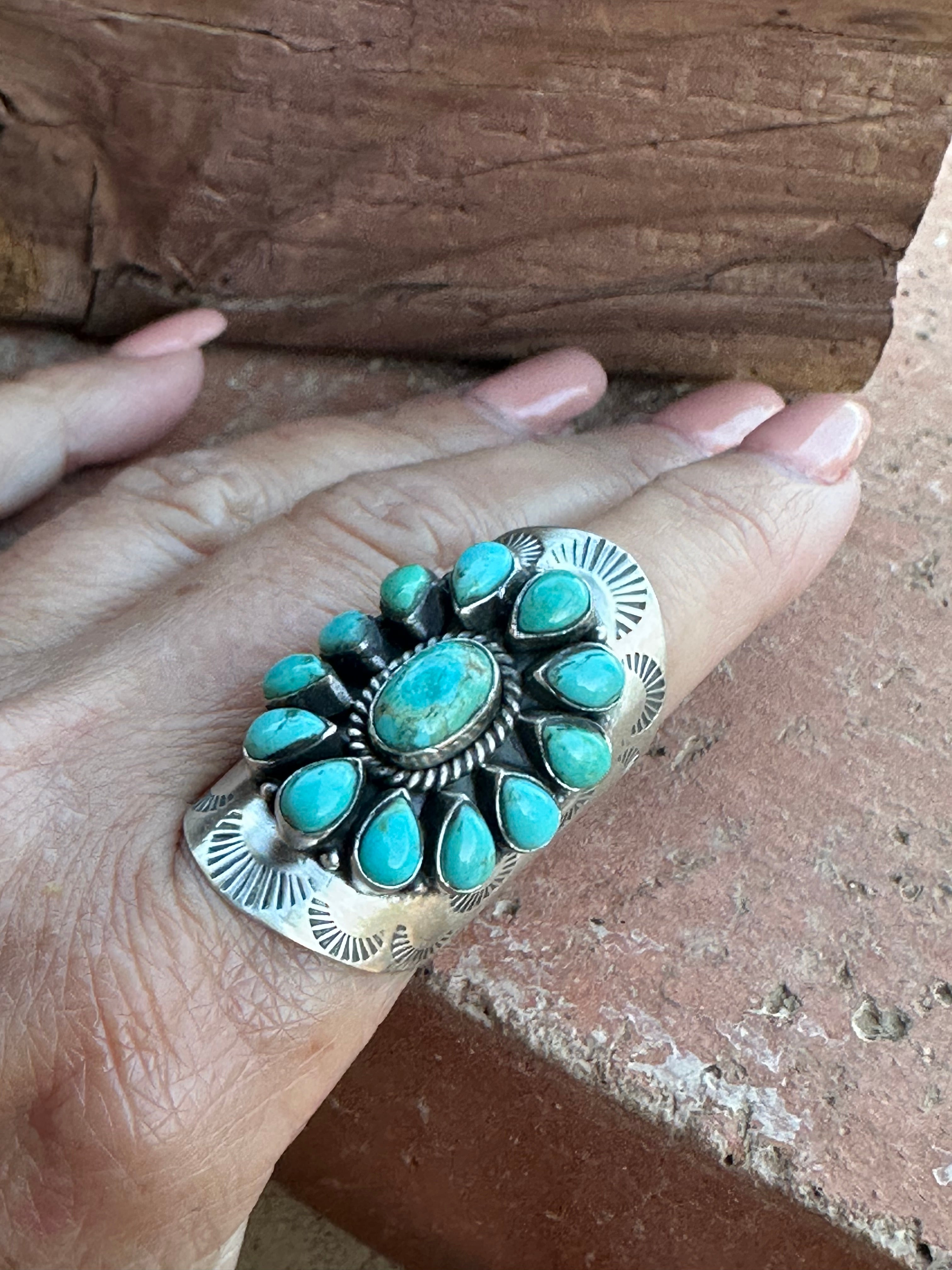 Handmade Emerald Valley Turquoise Cluster & Sterling Silver Cigar Band adjustable Ring