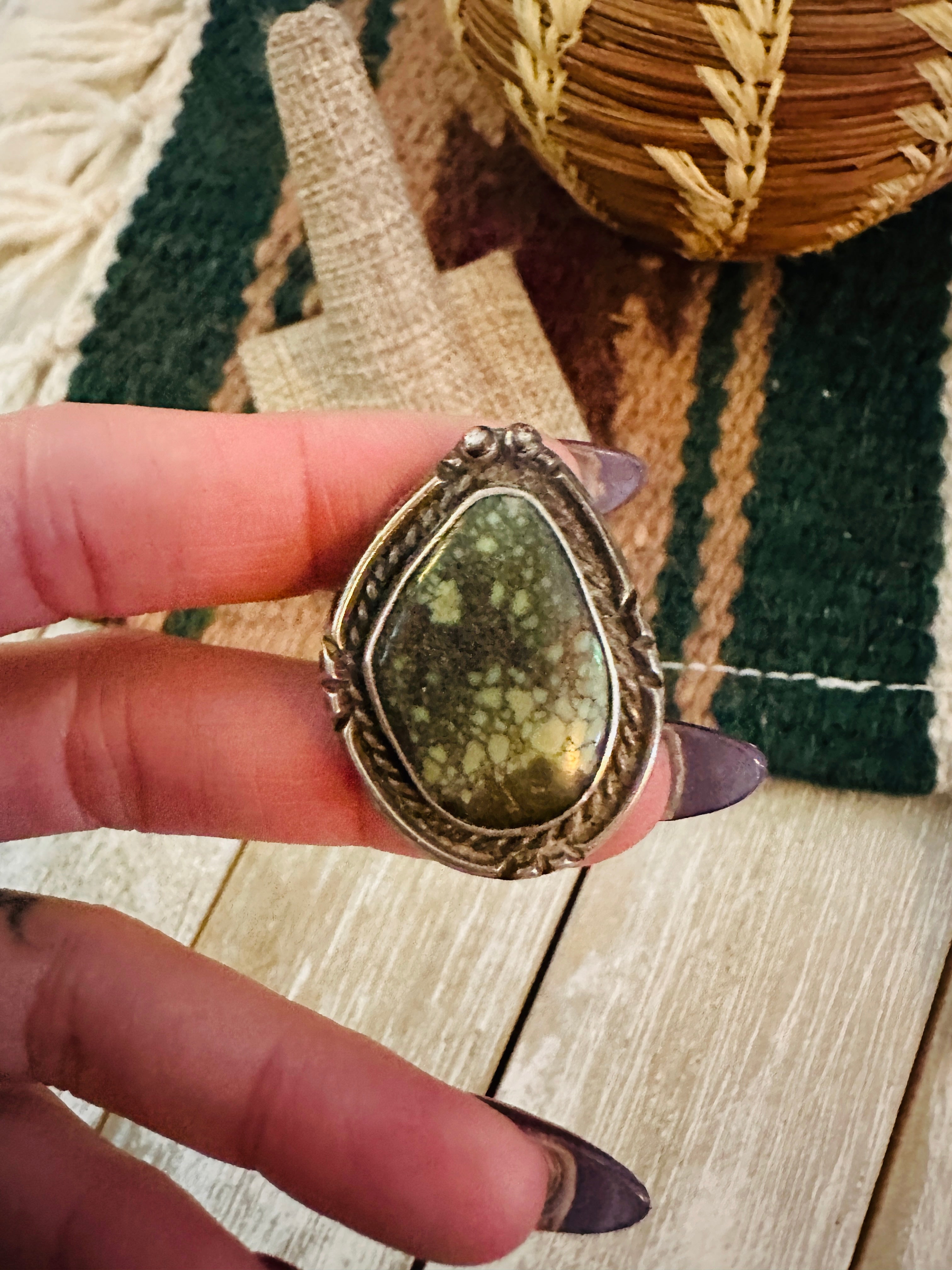 Old Pawn Handcrafted Turquoise & Sterling Silver Ring Size 7