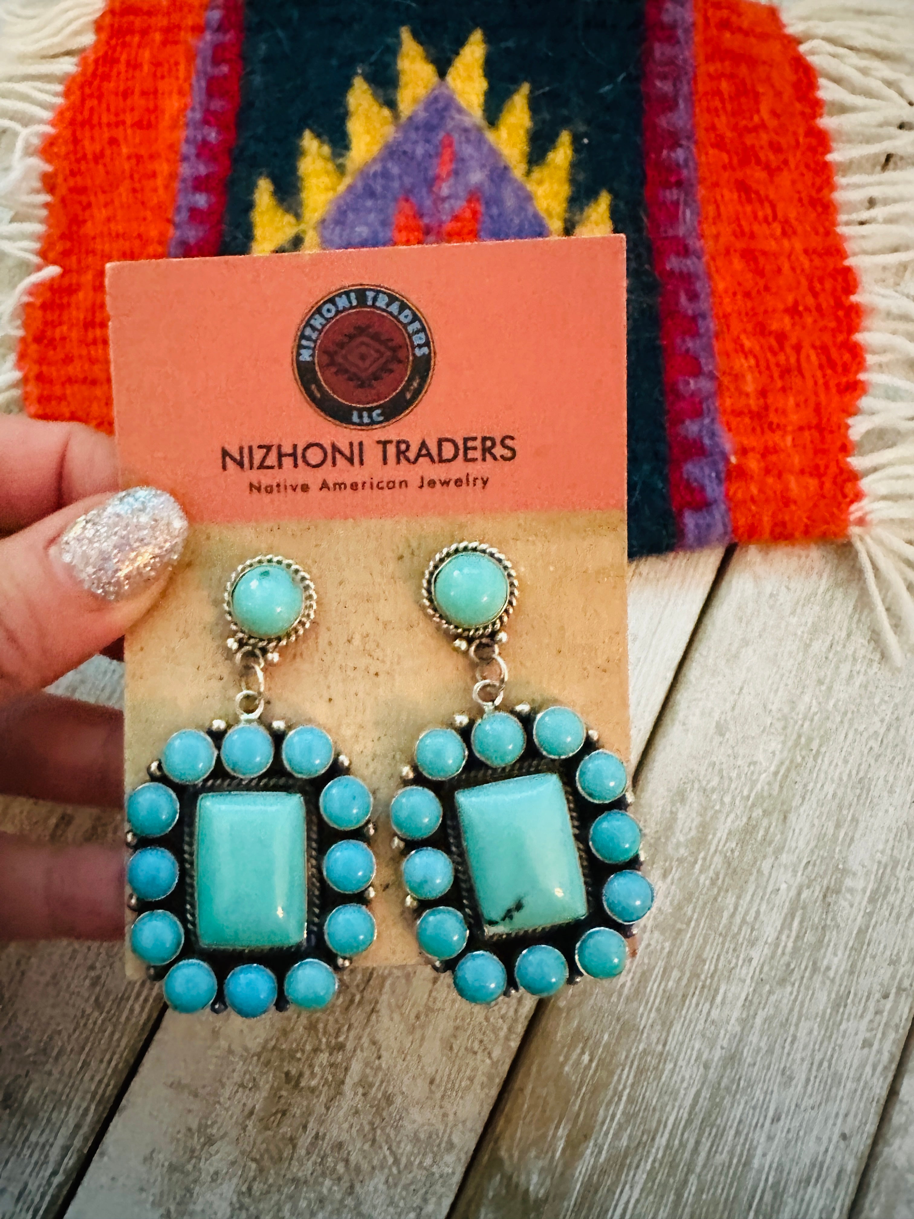 Navajo Sterling Silver & Turquoise Cluster Dangle Earrings