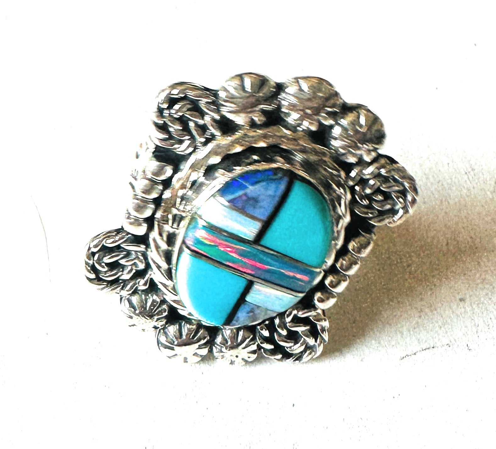 Navajo Sterling Silver & Multi Stone Inlay Ring Size 10