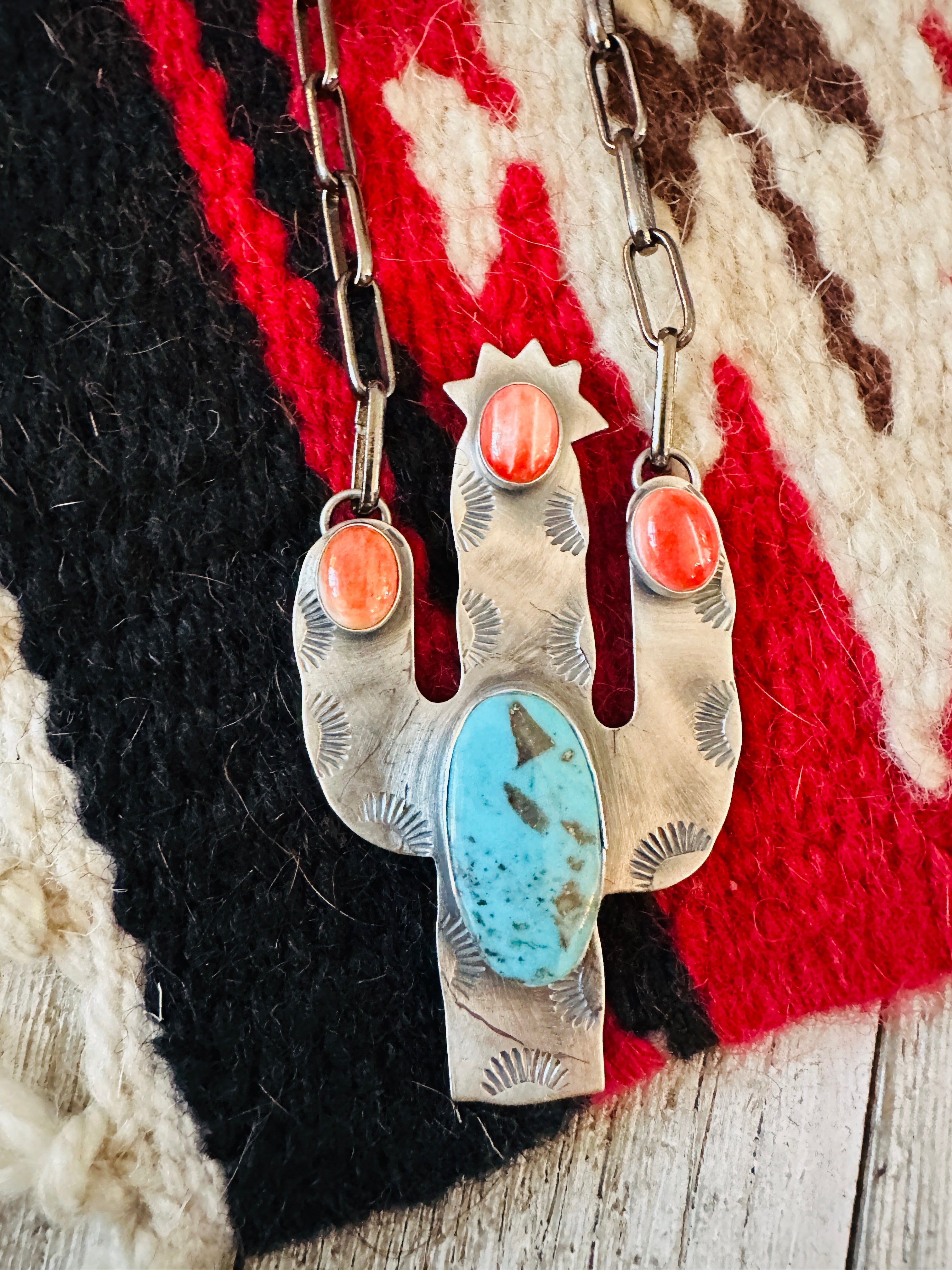 Handcrafted Sterling Silver, Turquoise & Spiny Cactus Necklace