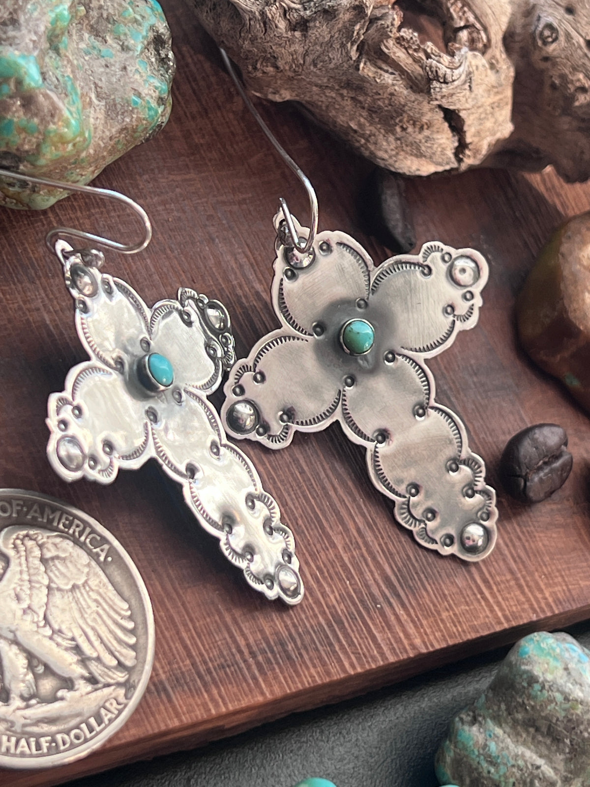 Hand Stamped Cloud Design Sterling Silver Cross Dangle Earrings with Kingman Turquoise by Kimari Somers
