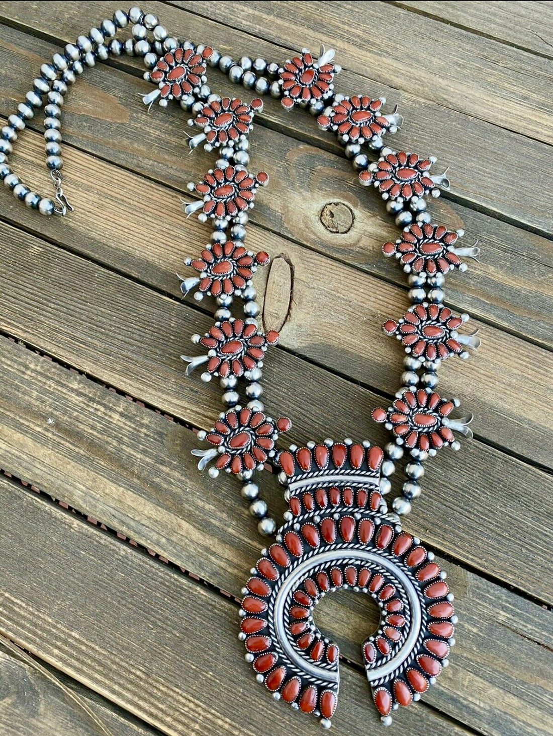 Old Pawn Alice Quam 1970s Natural Coral & Sterling Silver Squash Blossom Necklace