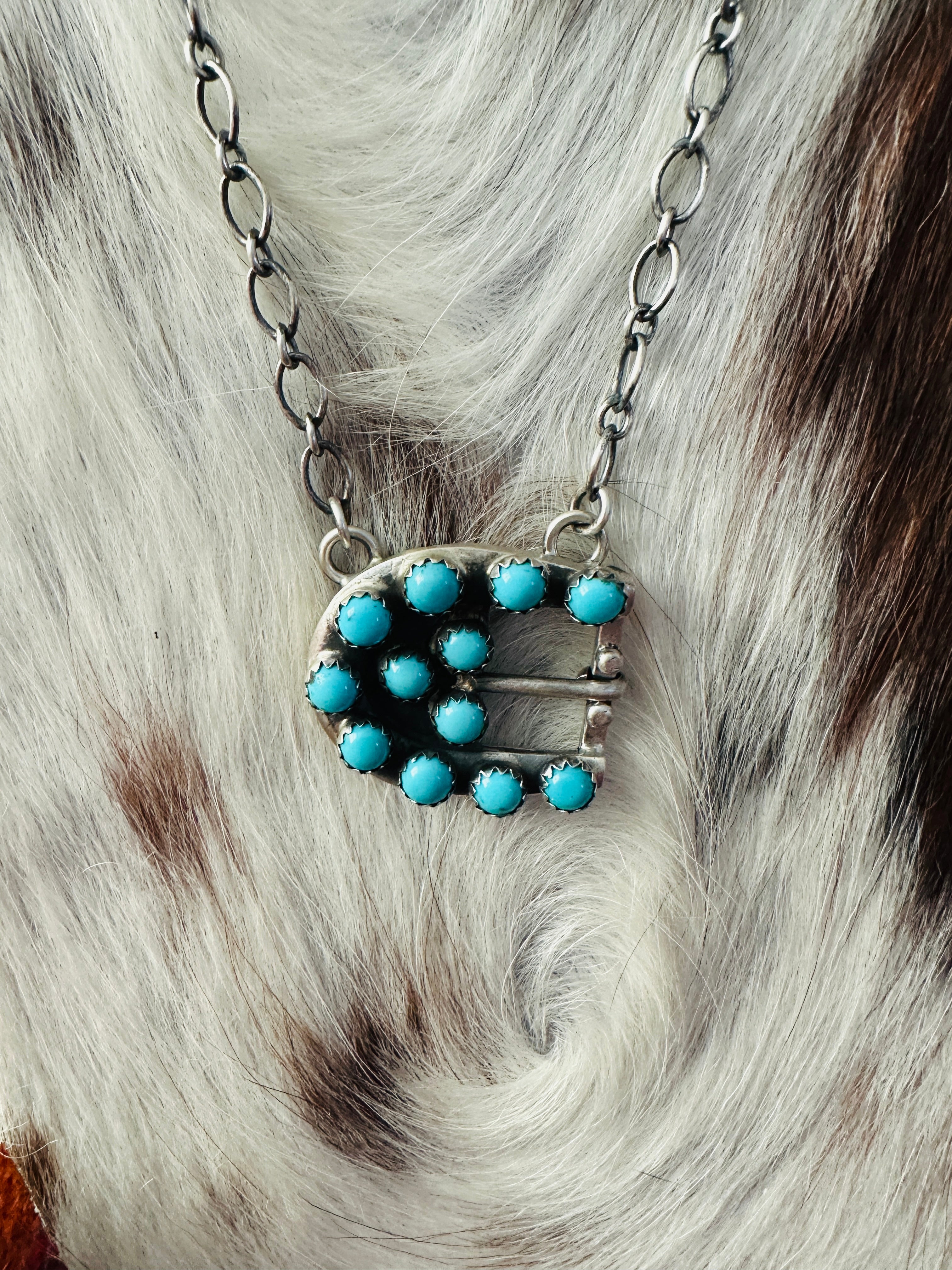 Handcrafted Turquoise & Sterling Silver Belt Buckle Necklace by Russell Sam