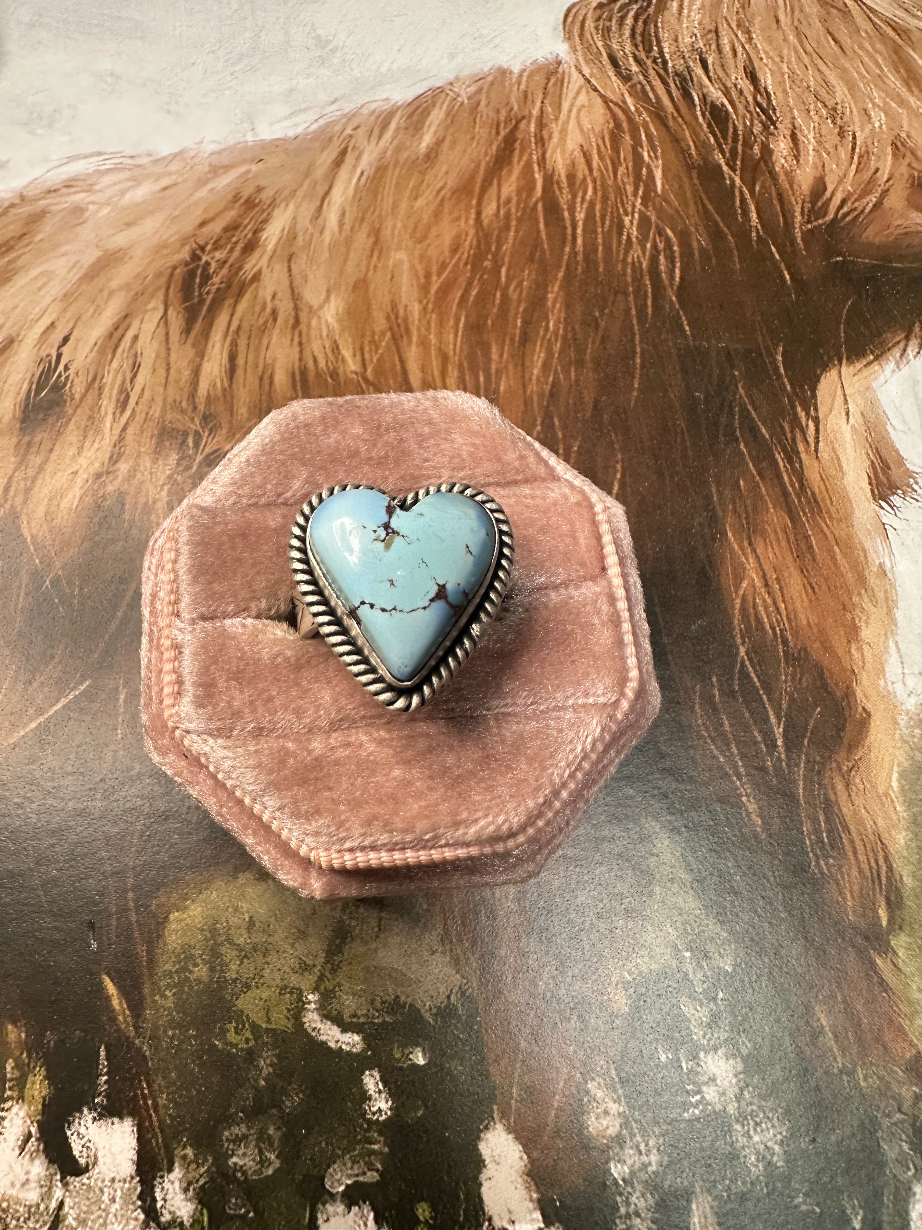 Beautiful Handmade Golden Hills Turquoise And Sterling Silver Adjustable Heart Ring