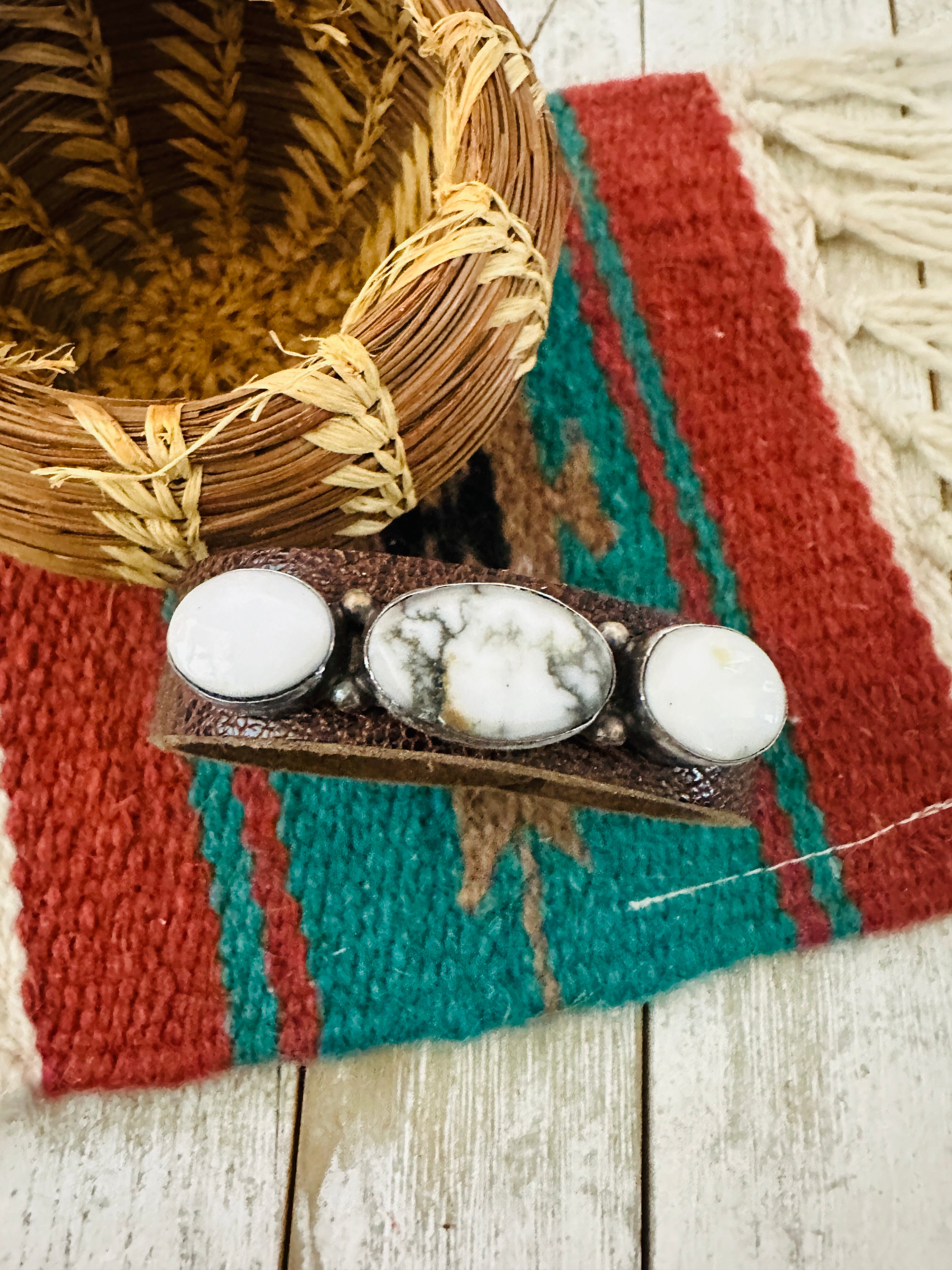 Handcrafted White Buffalo & Sterling Silver Leather Bracelet