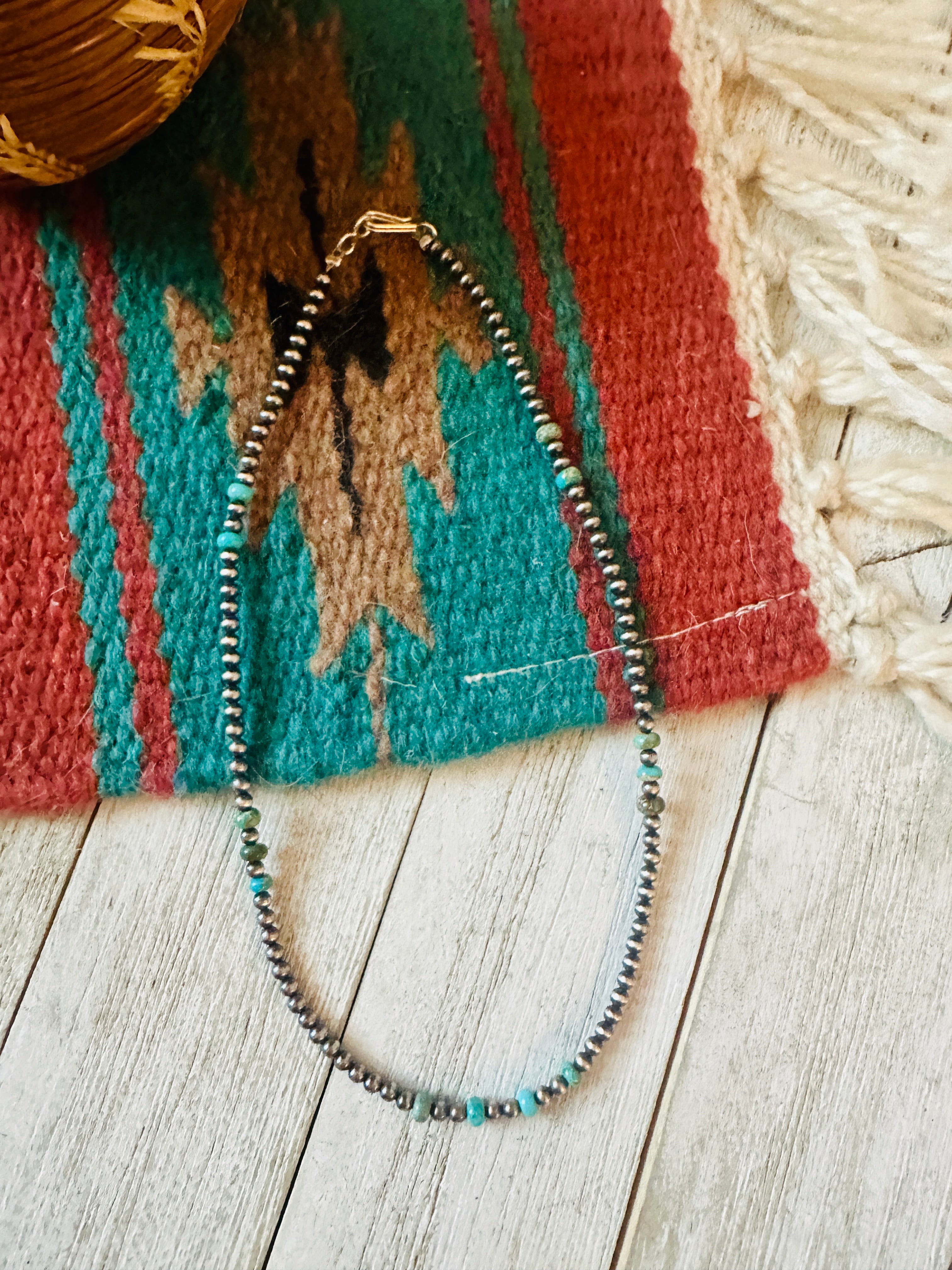 Navajo Turquoise & Sterling Silver 14” Beaded Necklace