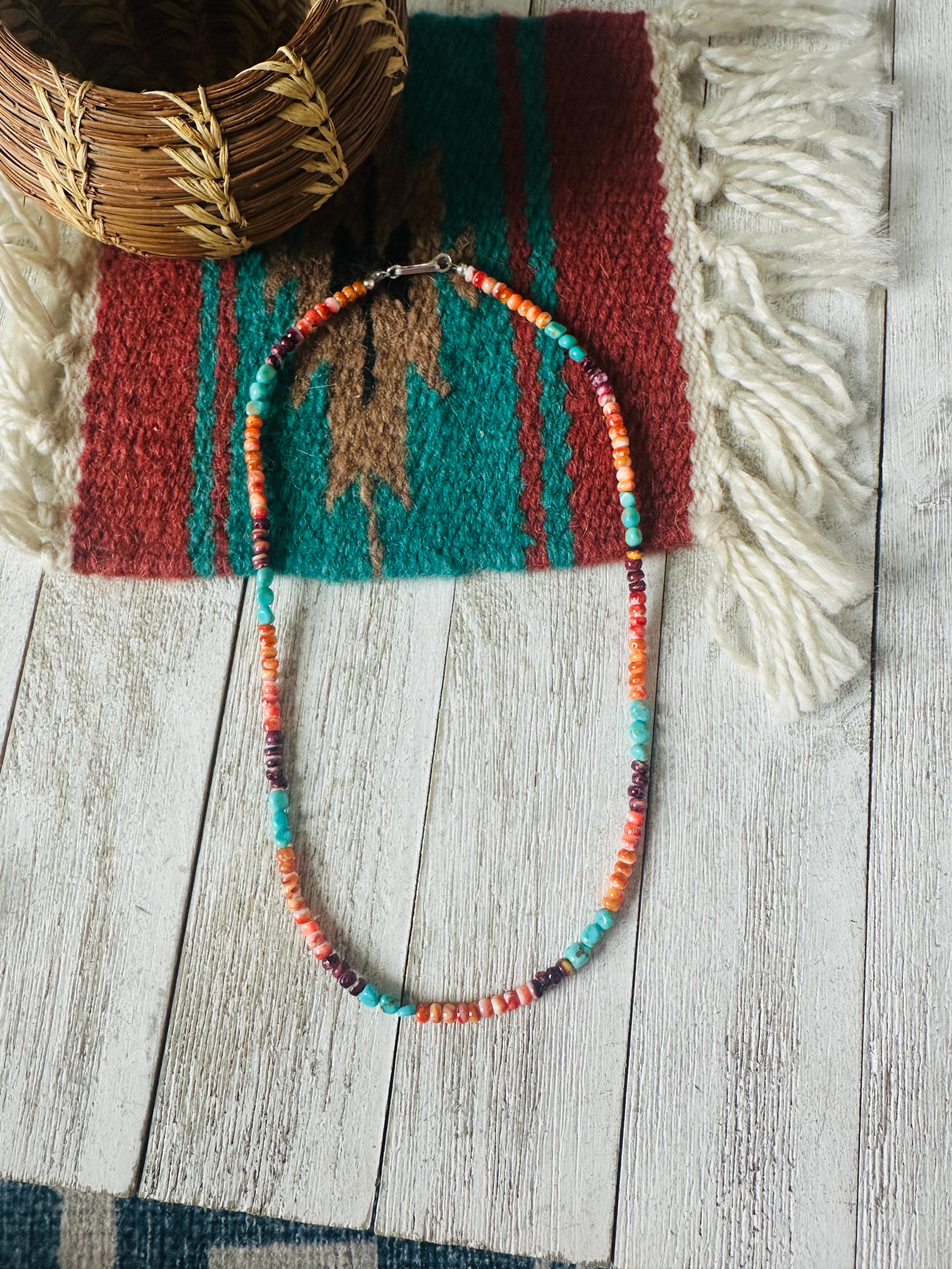 Navajo Turquoise, Spiny & Sterling Silver Beaded Necklace