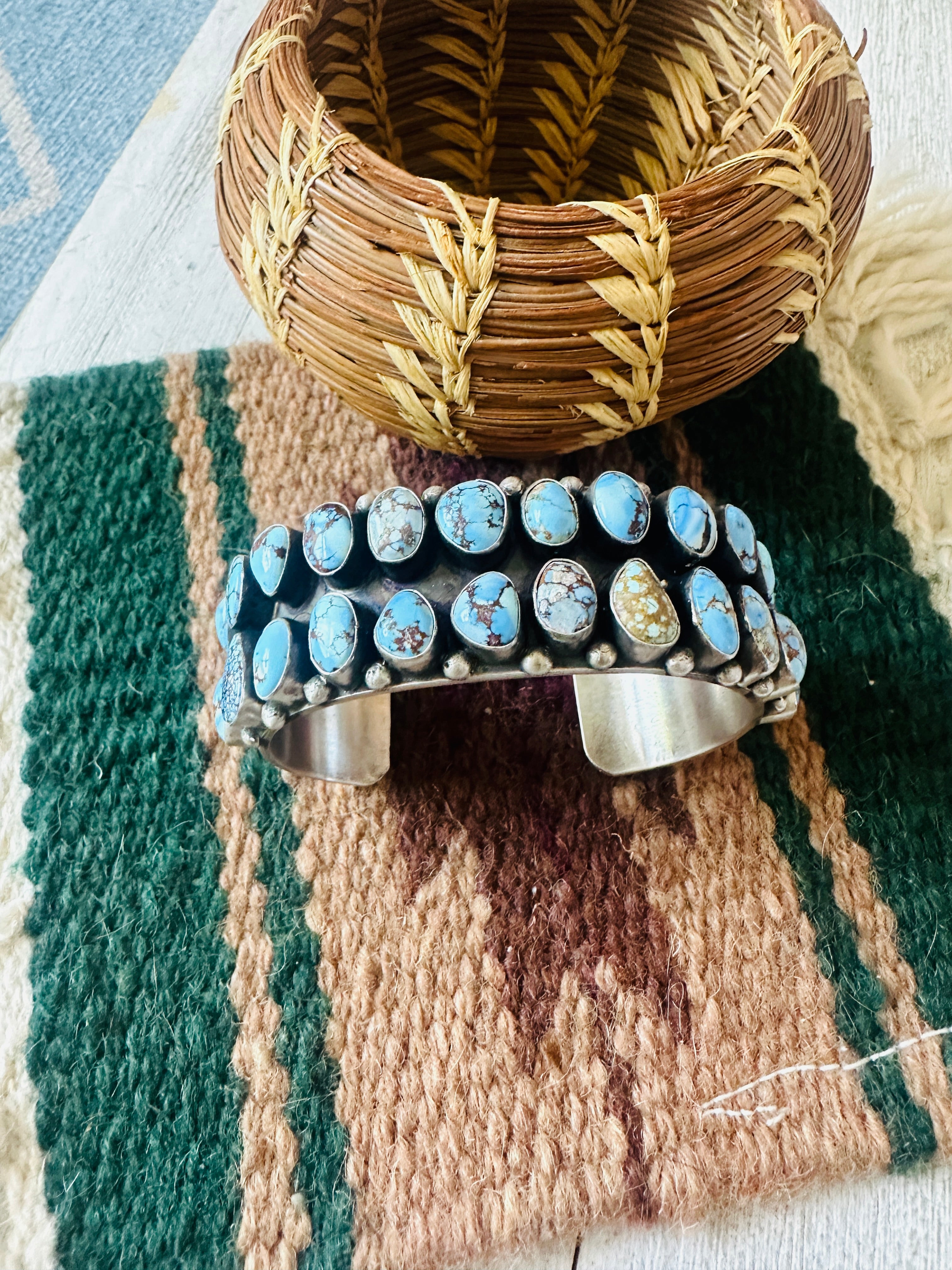 Navajo Sterling Silver & Golden Hills Turquoise Cluster Cuff Bracelet by Darrin Livingston