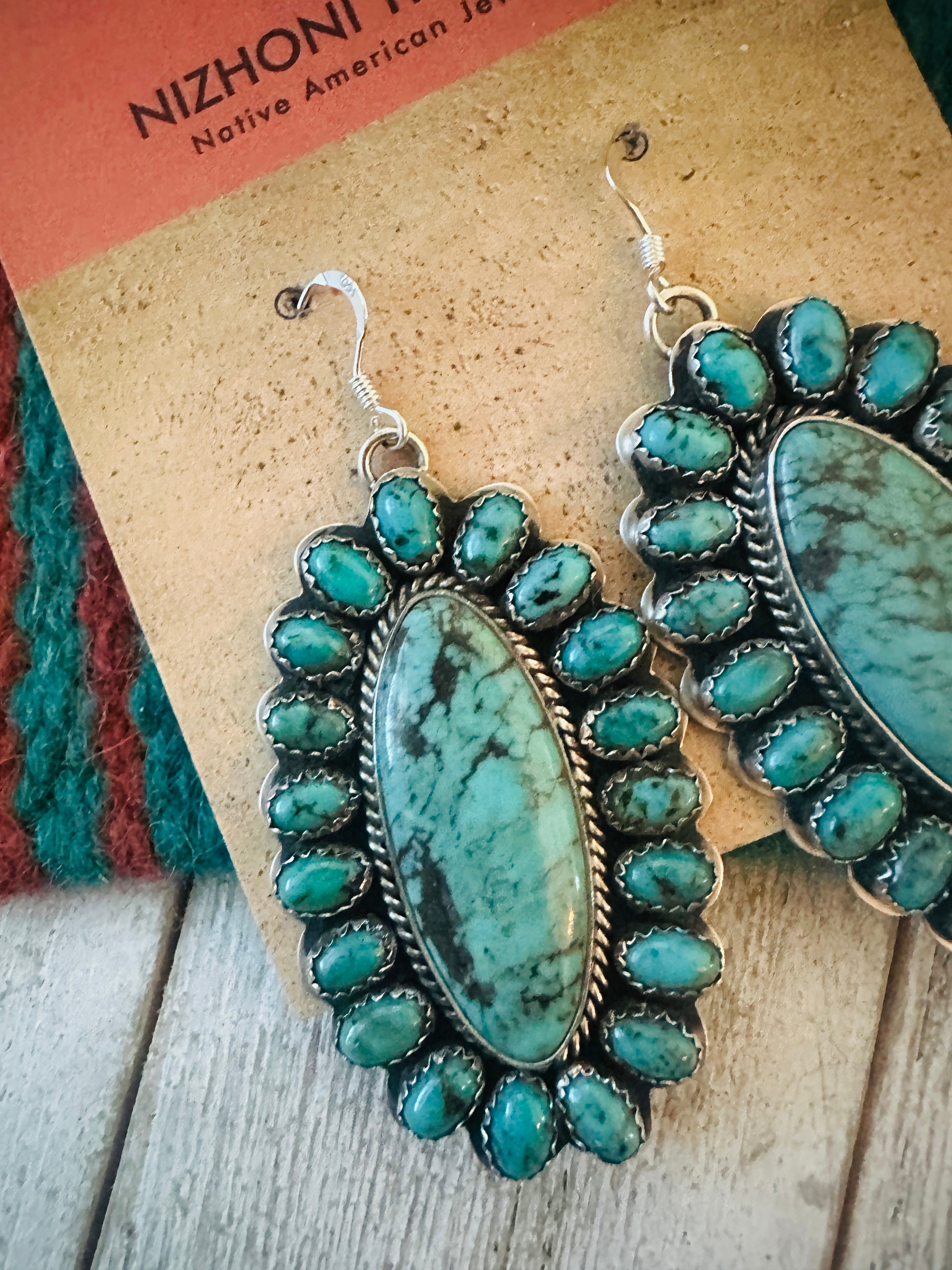 Navajo Sterling Silver & Turquoise Cluster Dangle Earrings