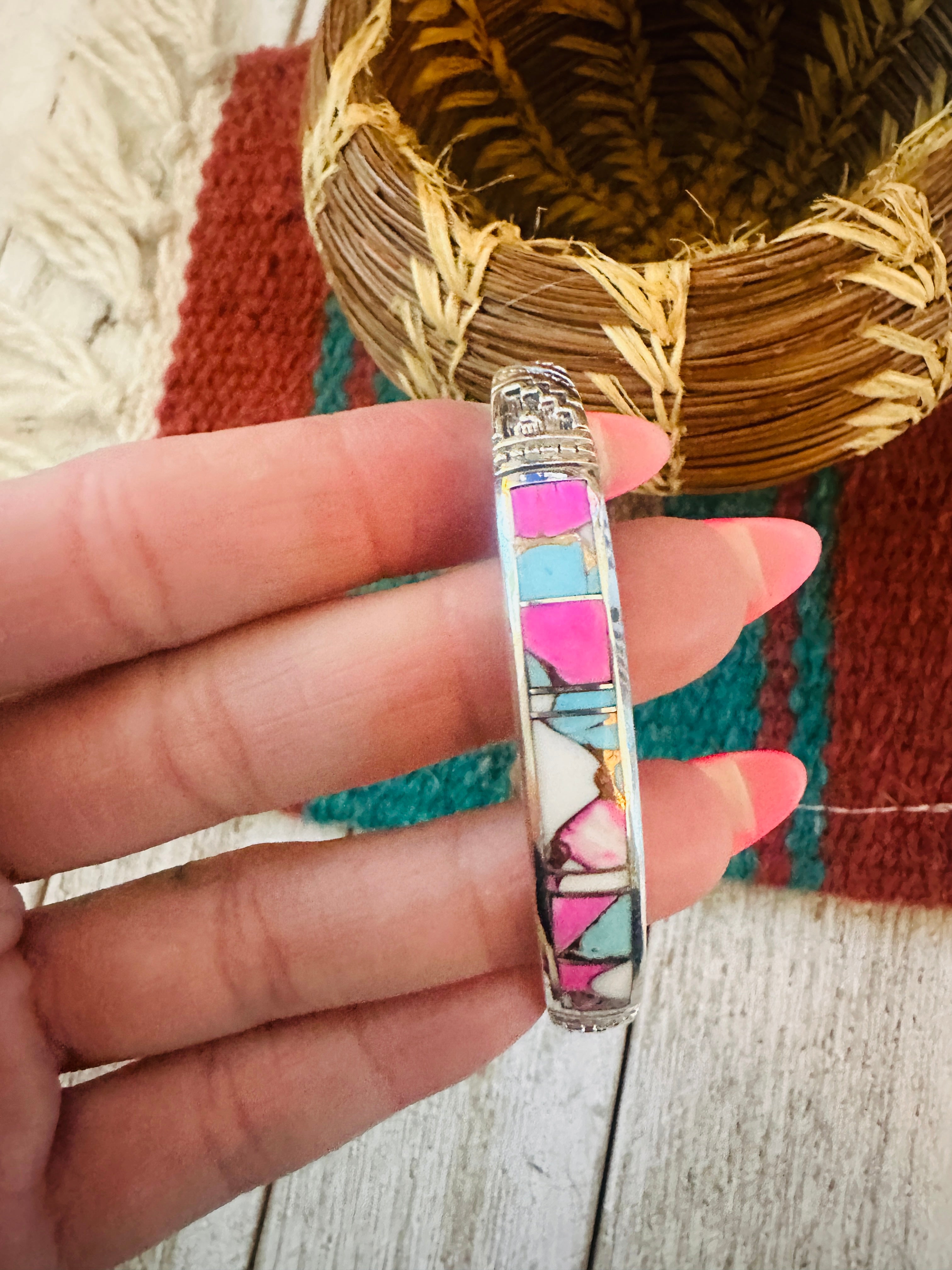 Handcrafted Cotton Candy & Sterling Silver Inlay Cuff Bracelet