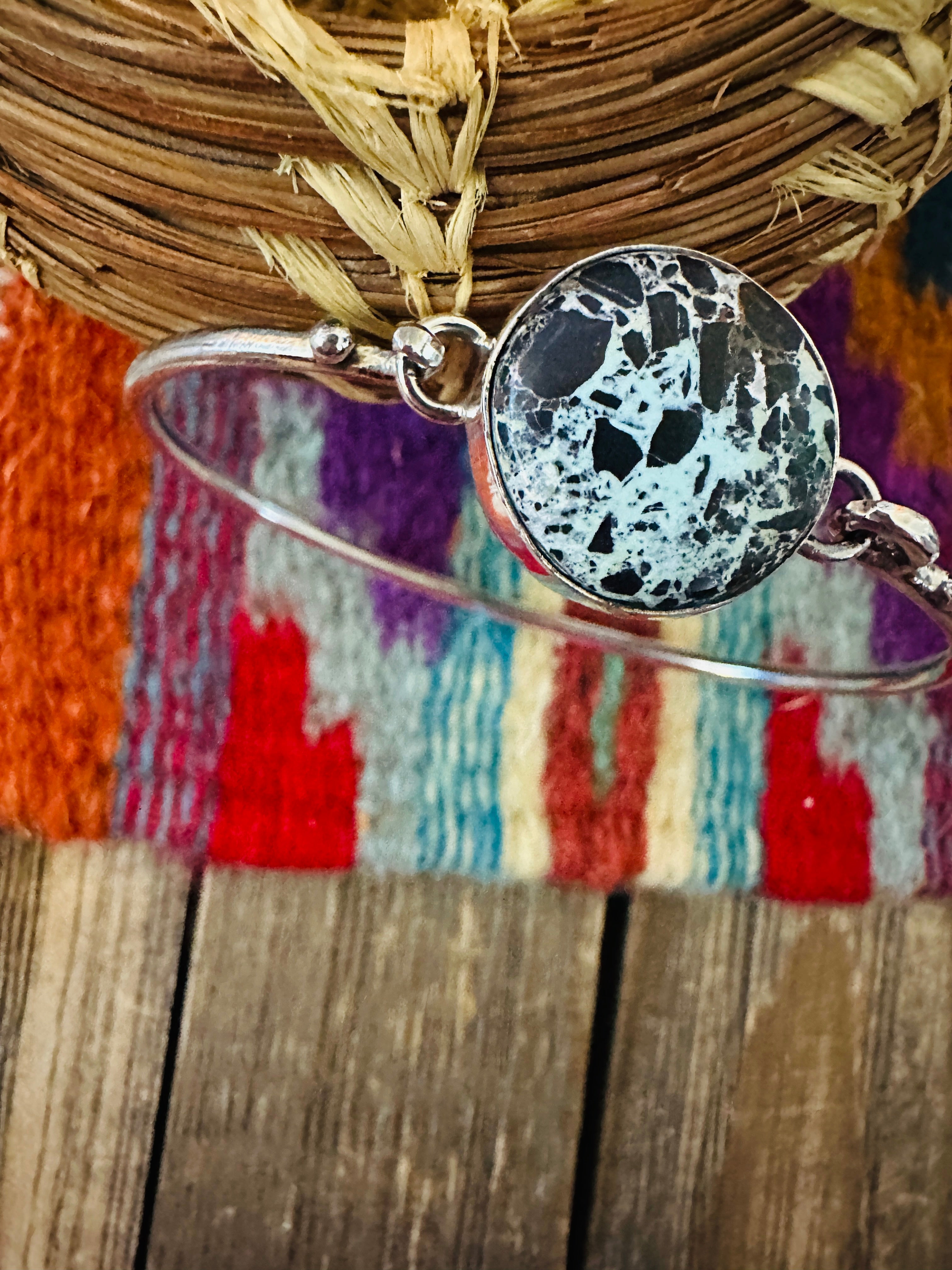 Handcrafted Turquoise & Sterling Silver Hinged Bangle Bracelet