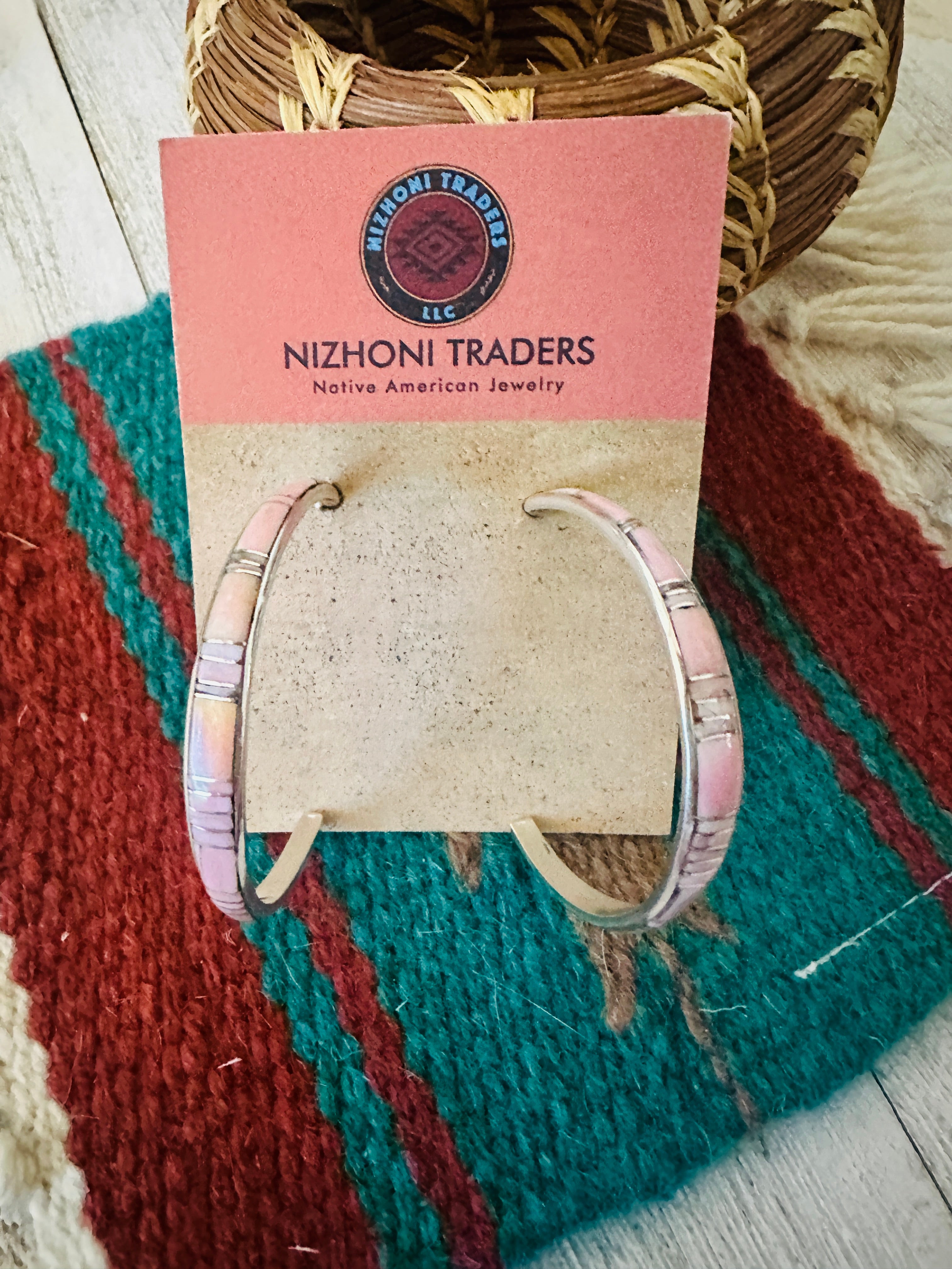 Navajo Mother of Pearl & Sterling Silver Inlay Cresent Hoop Earrings