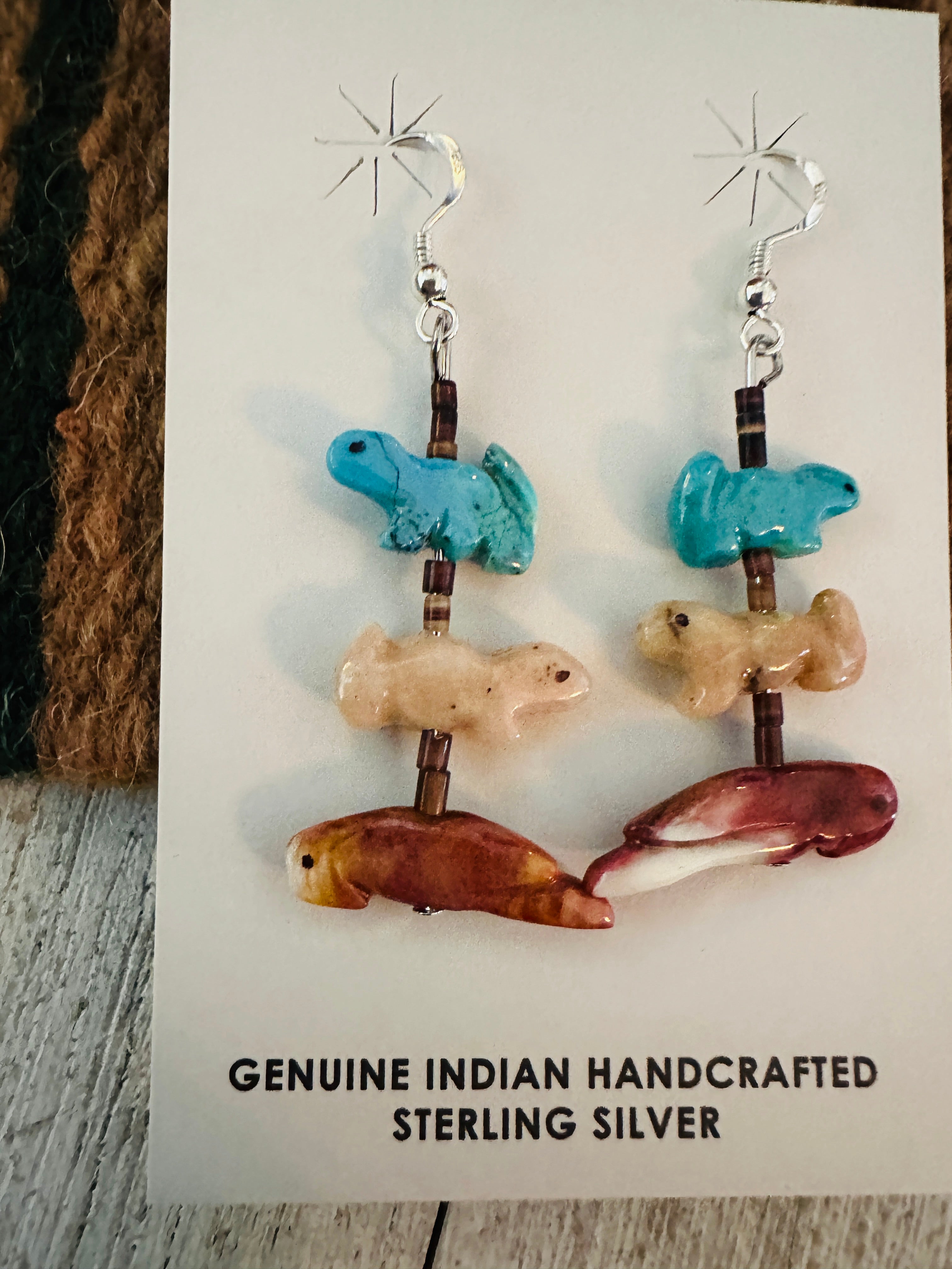 Zuni Multi Stone Beaded Fetish Dangle Earrings