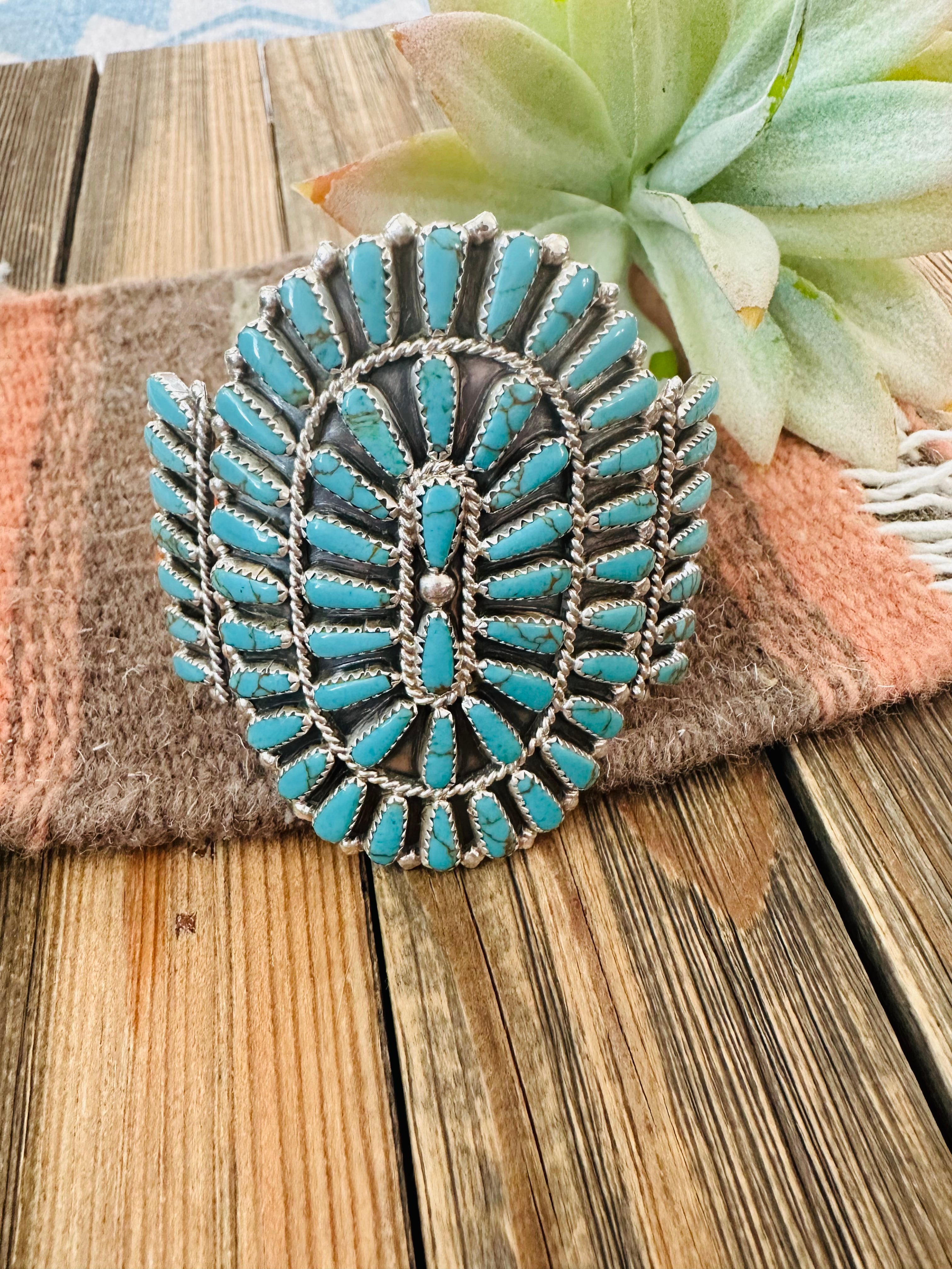 Navajo Turquoise And Sterling Silver Cluster Cuff Bracelet