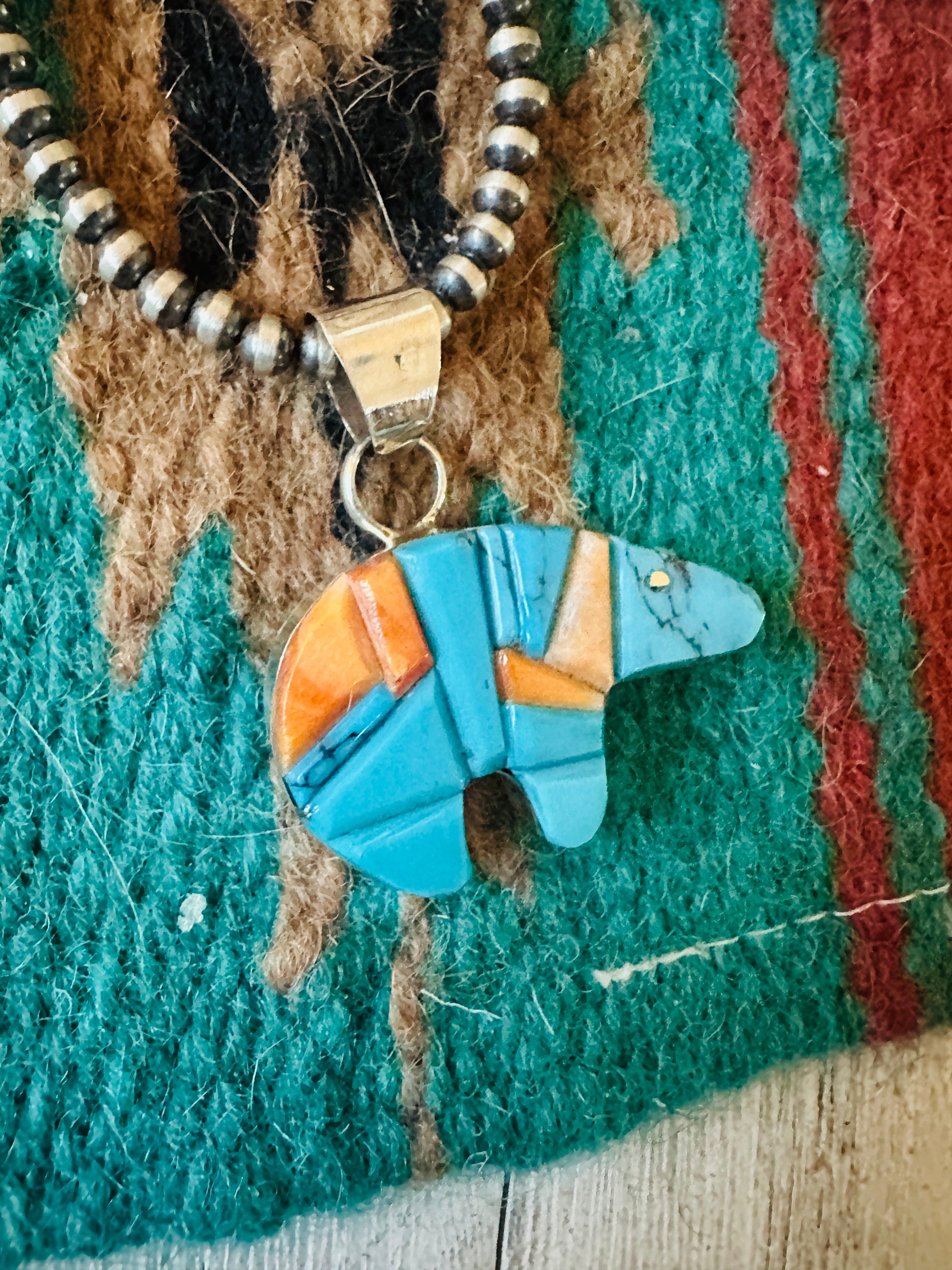 Navajo Turquoise, Spiny & Sterling Silver Inlay Fetish Bear Pendant