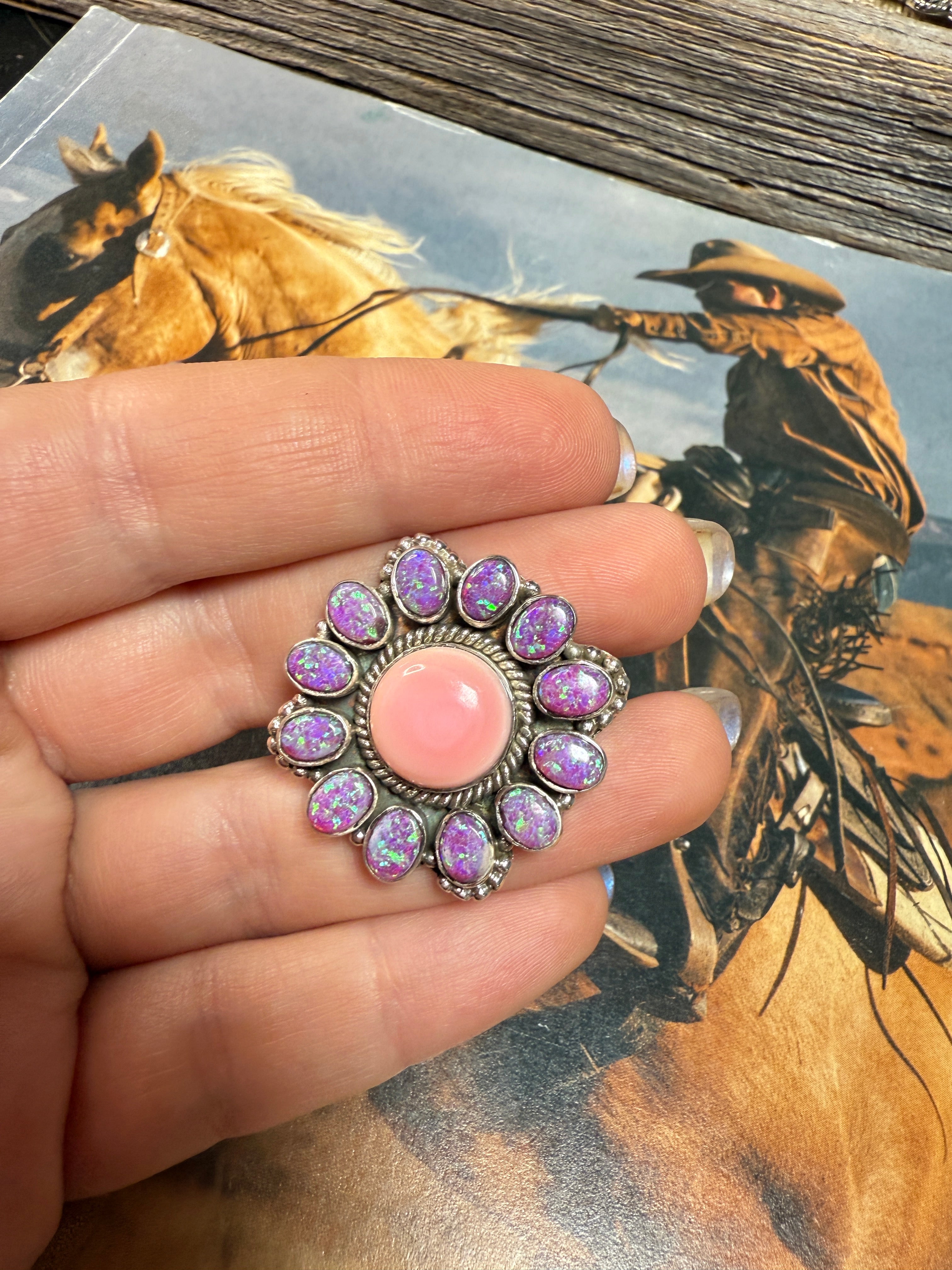 Handmade Pink Conch, Purple Fire Opal & Sterling Silver Adjustable Ring CIRCLE