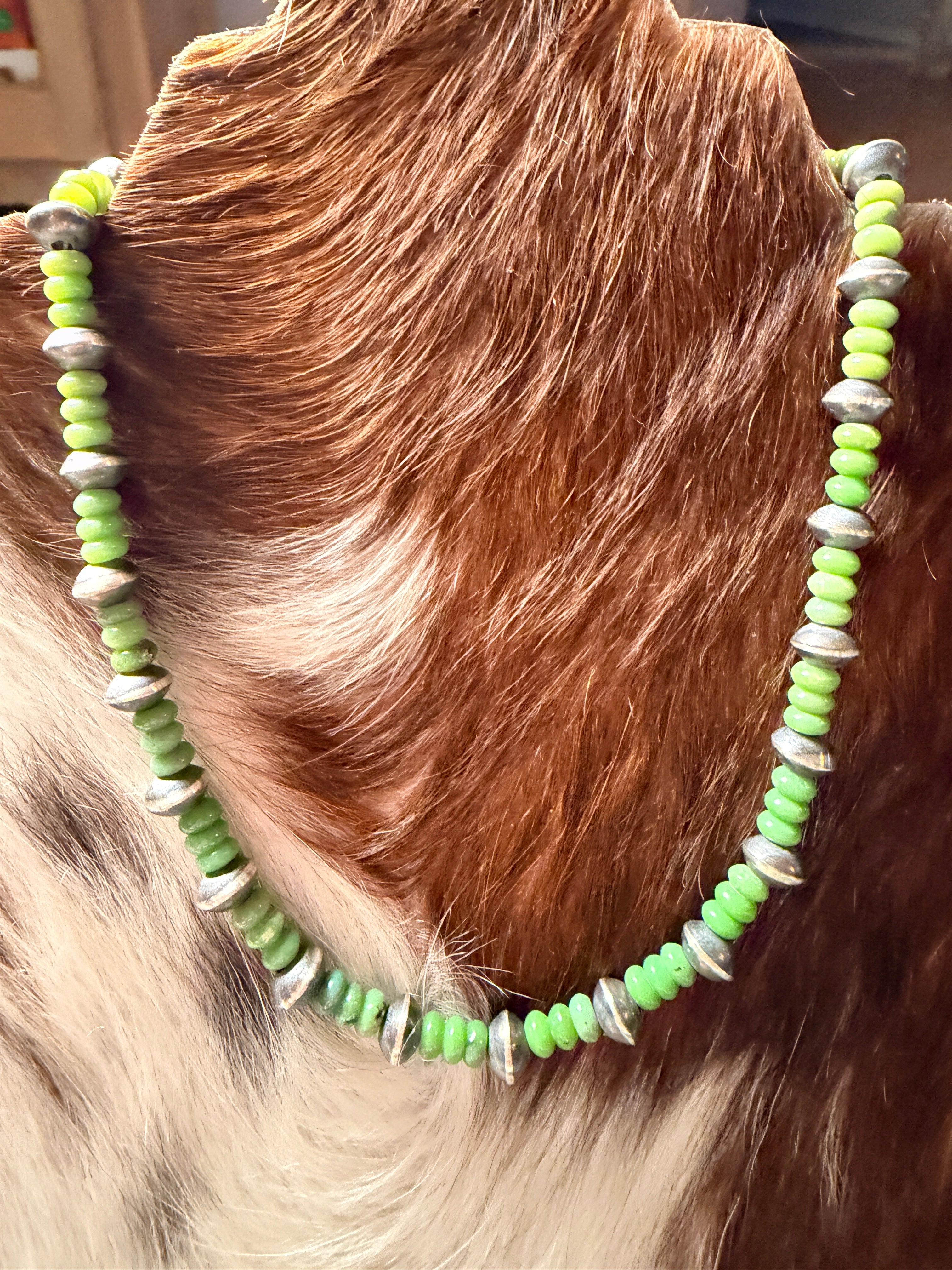 Handcrafted Green Turquoise & Sterling Silver Saucer Beaded 16” Necklace