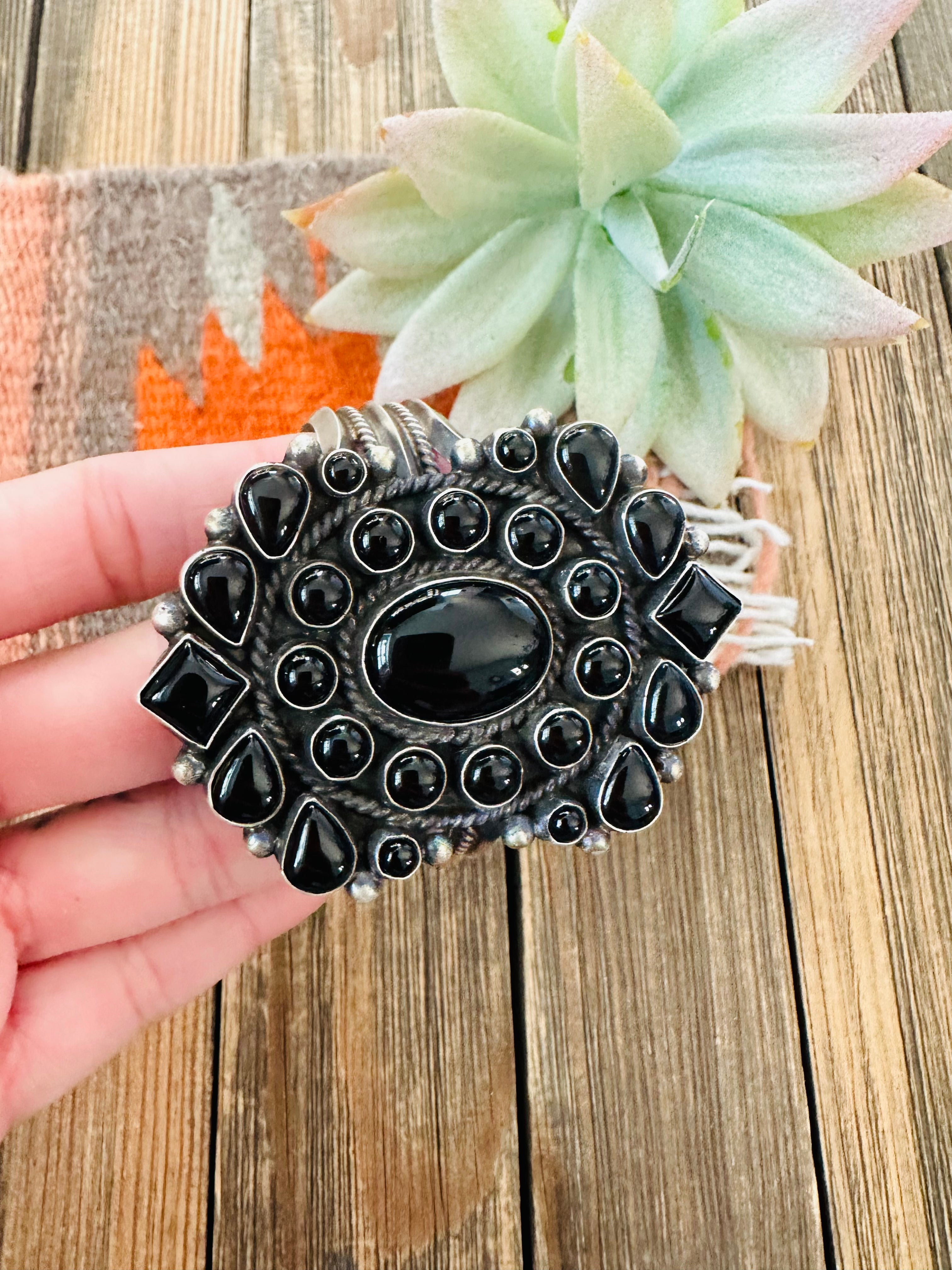 Navajo Black Onyx & Sterling Silver Cluster Cuff Bracelet