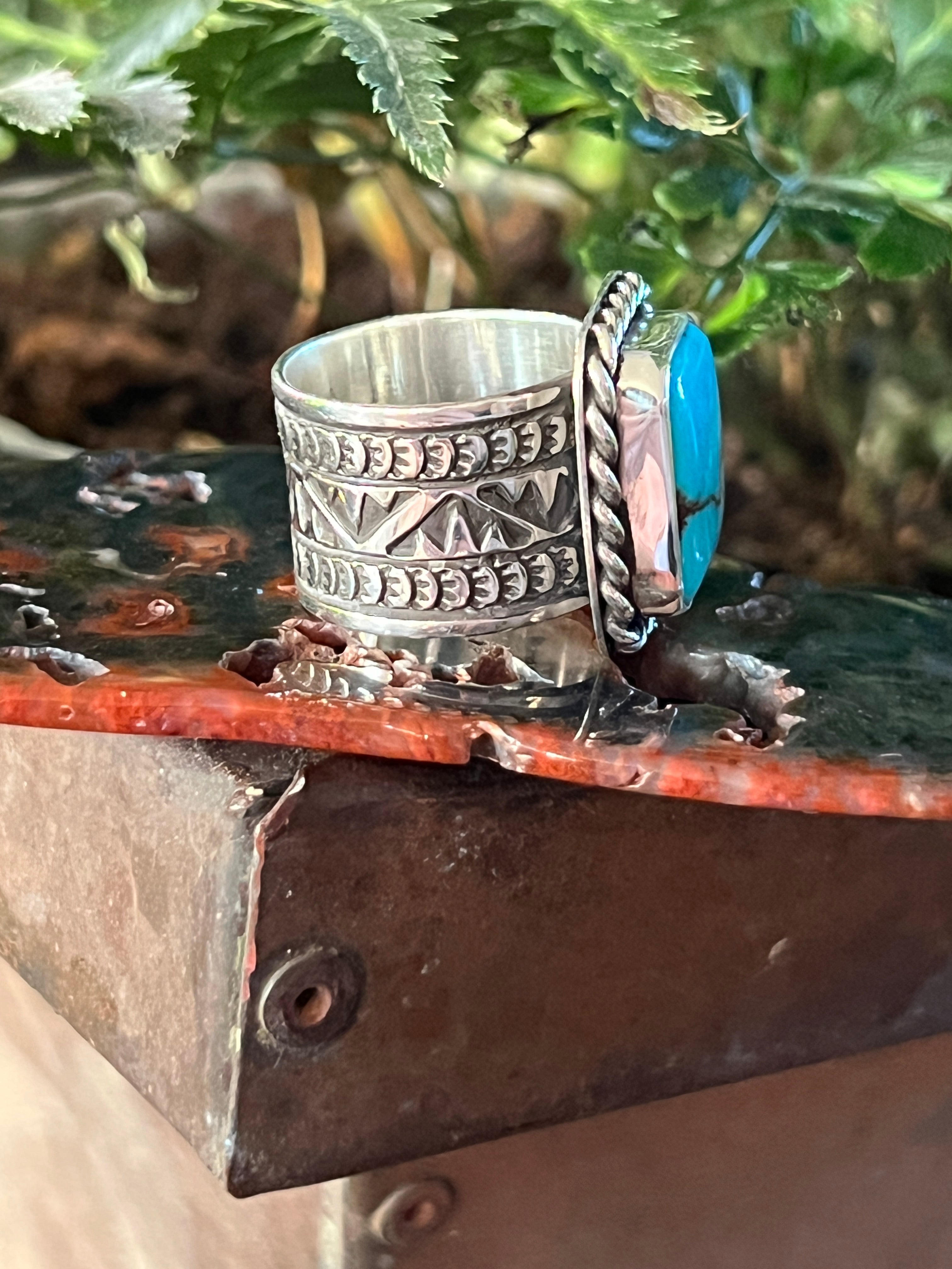 Handcrafted Hand Stamped Sterling Silver Wide Shank Ring with Egyptian Turquoise by Shaun Rogers, Size 9