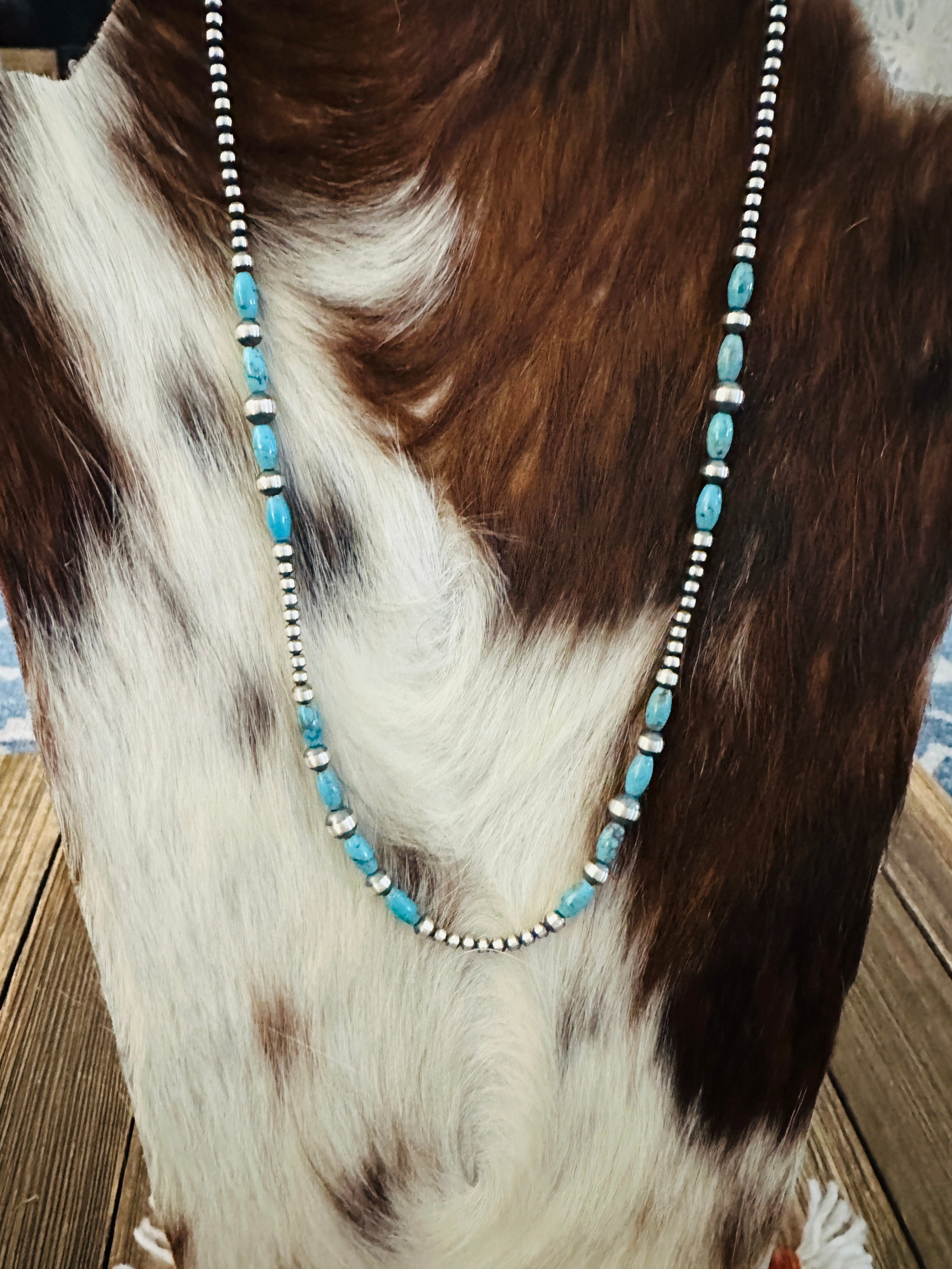 Handcrafted Turquoise & Sterling Silver Pearl 20” Beaded Necklace