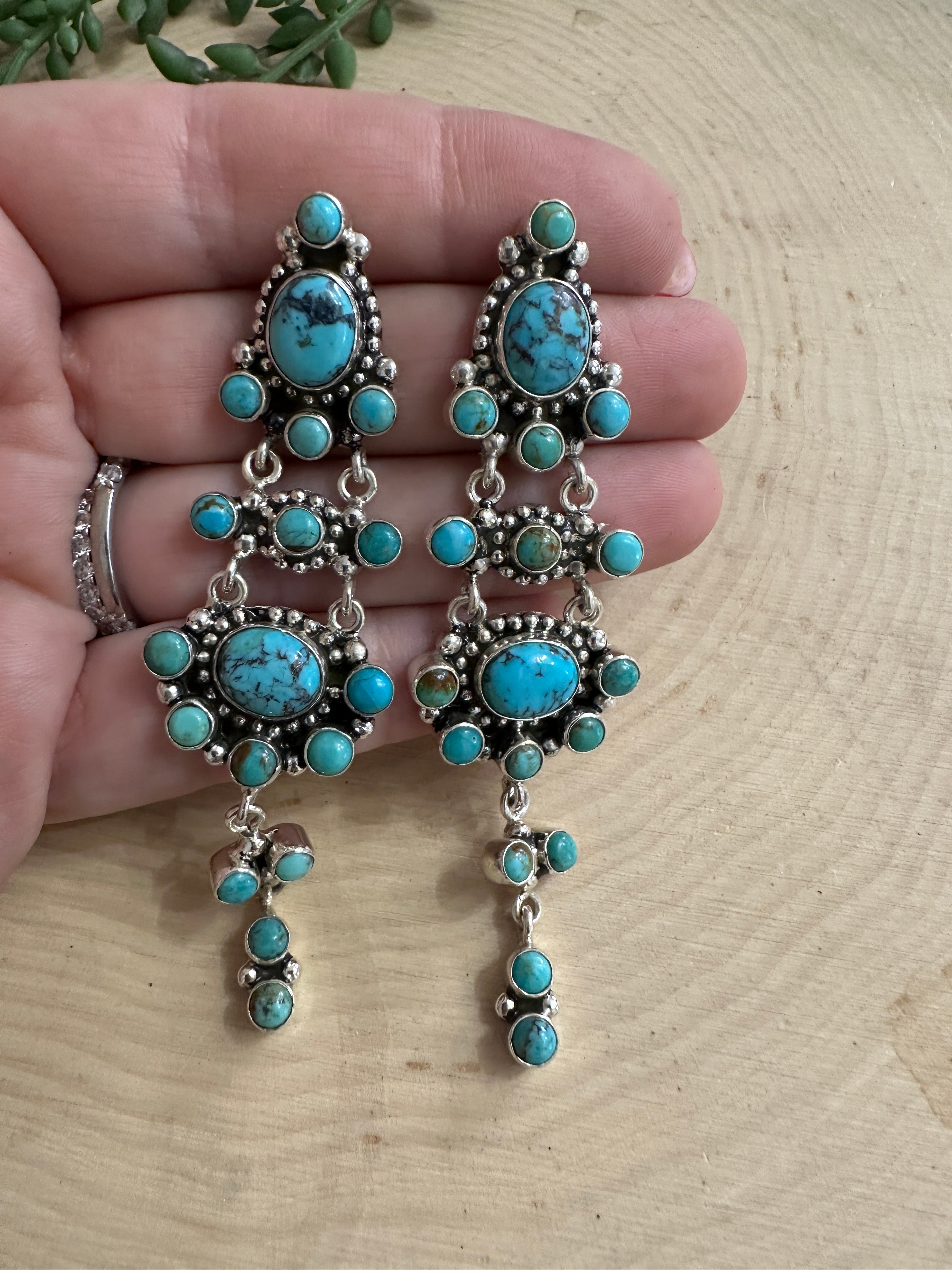 The Bella Handmade Natural Turquoise and Sterling Silver Dangle Earrings