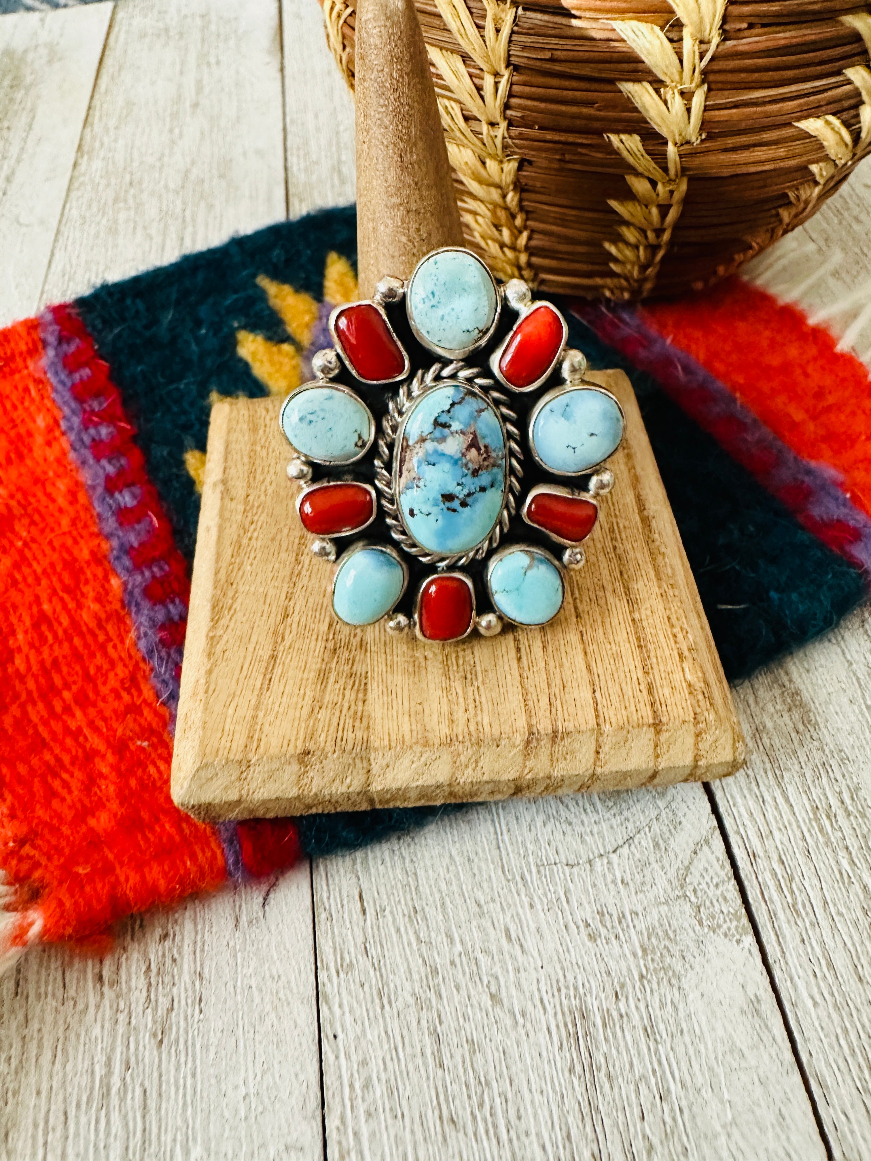 Navajo Golden Hills Turquoise, Coral & Sterling Silver Cluster Adjustable Ring