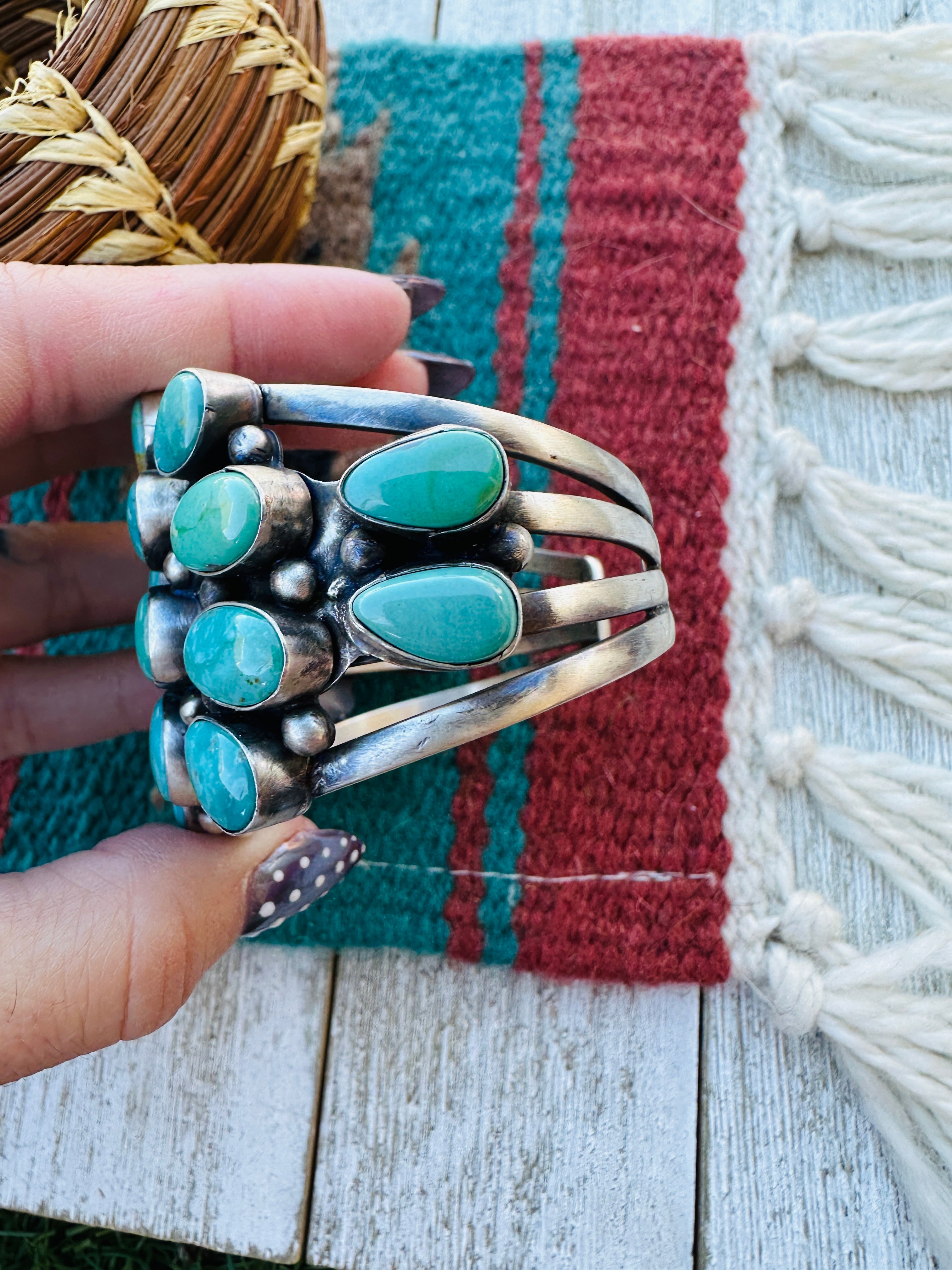 Handcrafted Sterling Silver & Blue Water Turquoise Cluster Cuff Bracelet by Bobby Johnson
