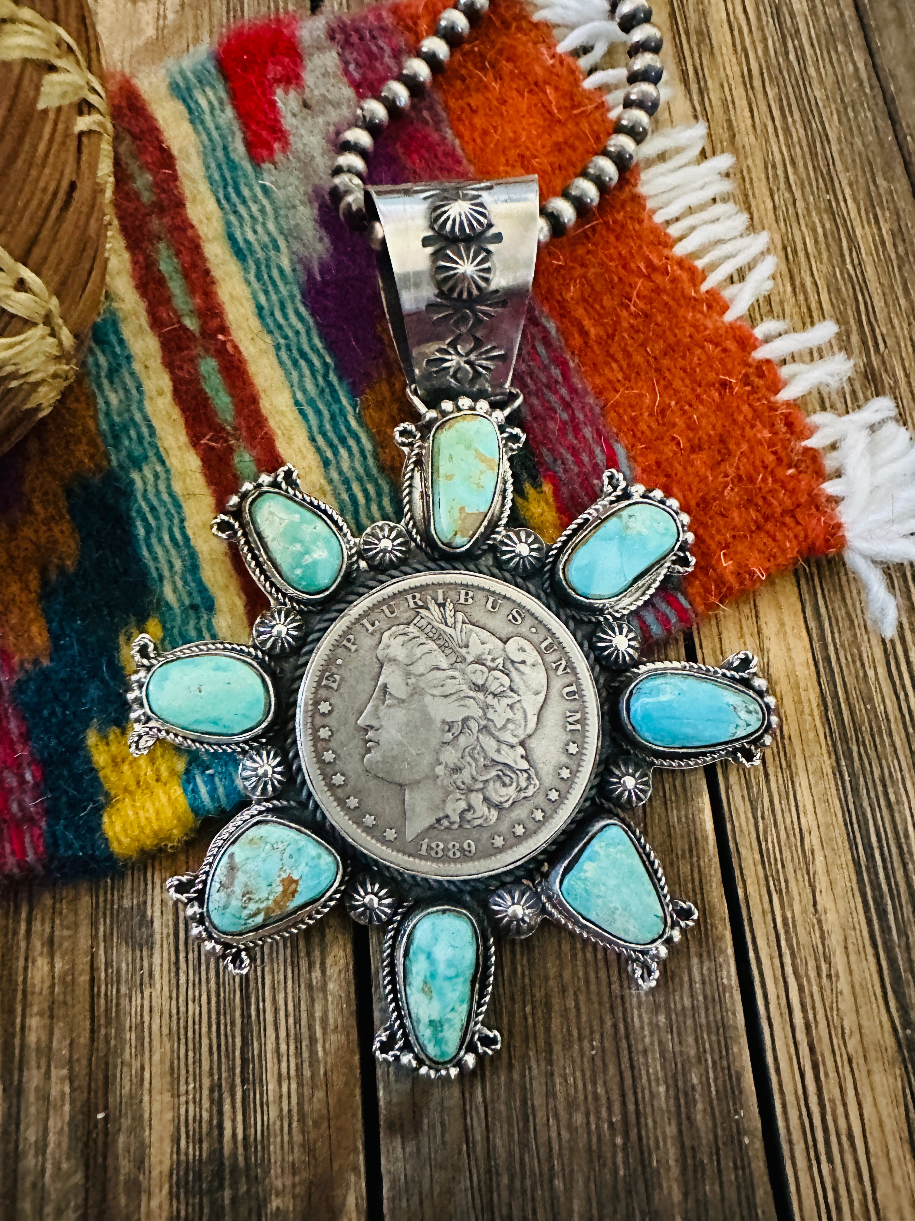 Handcrafted Sterling Silver & Turquoise Morgan Dollar Pendant by Rosella Paxson
