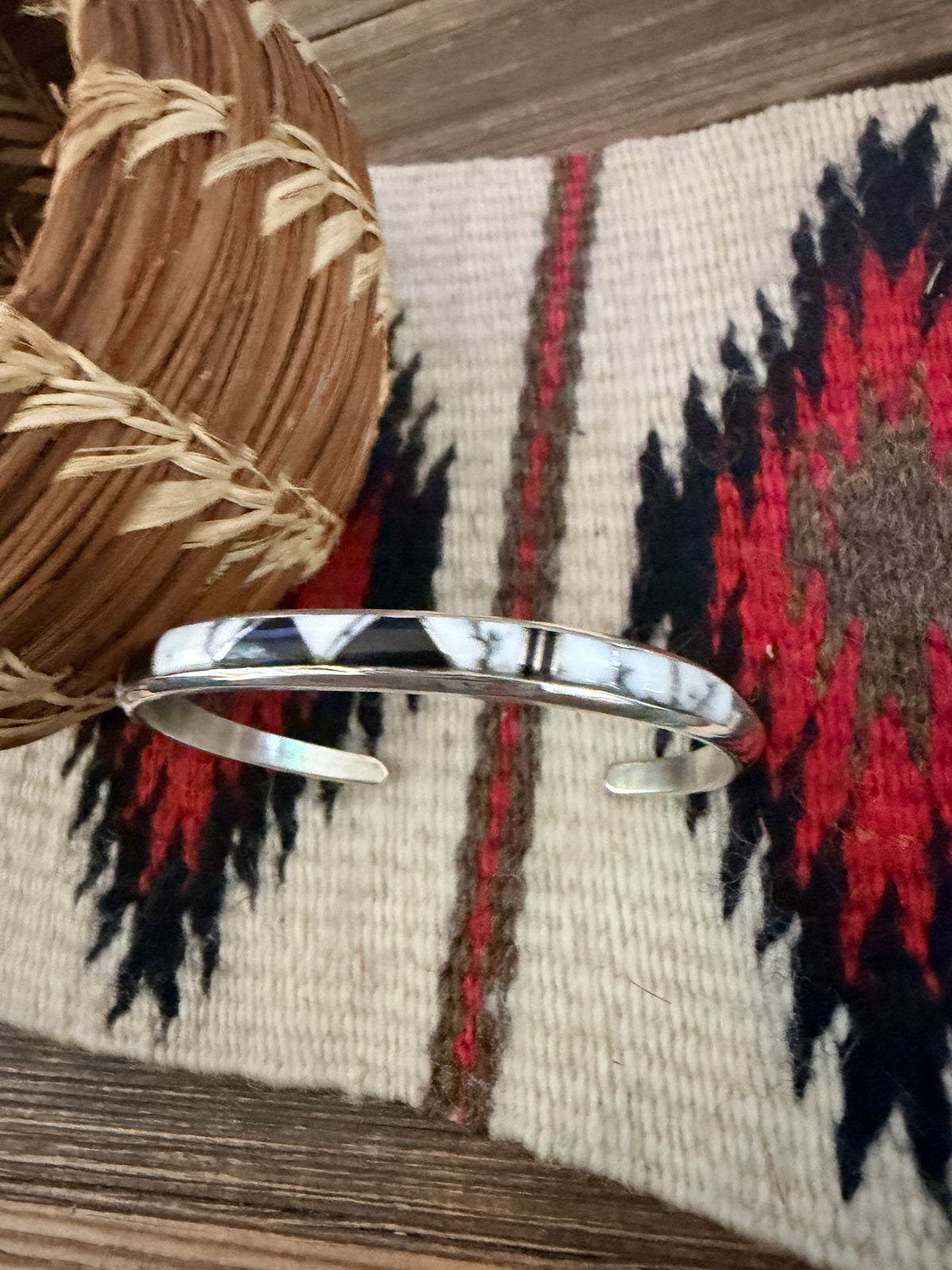 Handcrafted White Buffalo, Onyx & Sterling Silver Inlay Cuff Bracelet