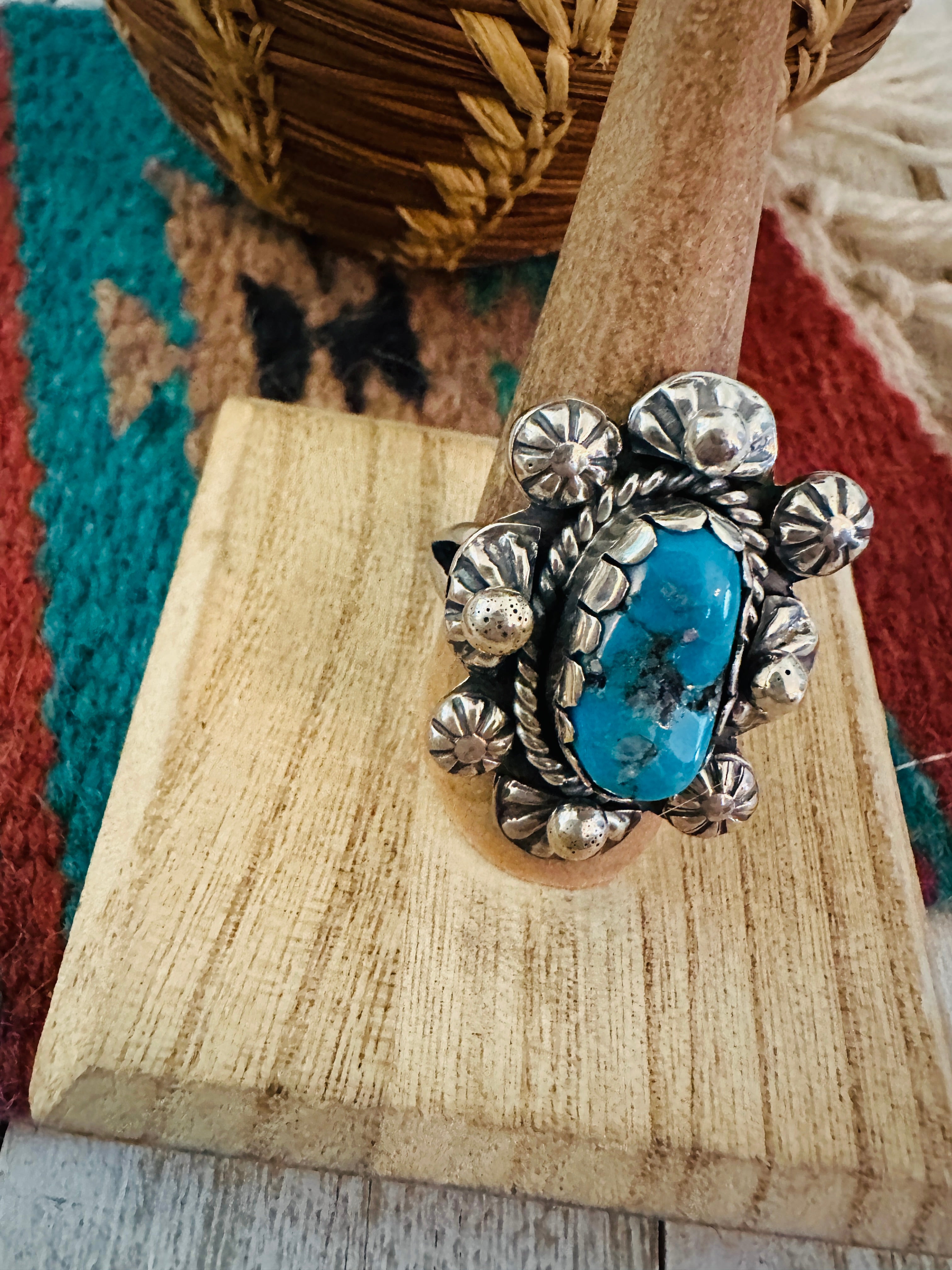 Navajo Sterling Silver & Kingman Turquoise Ring Size 11