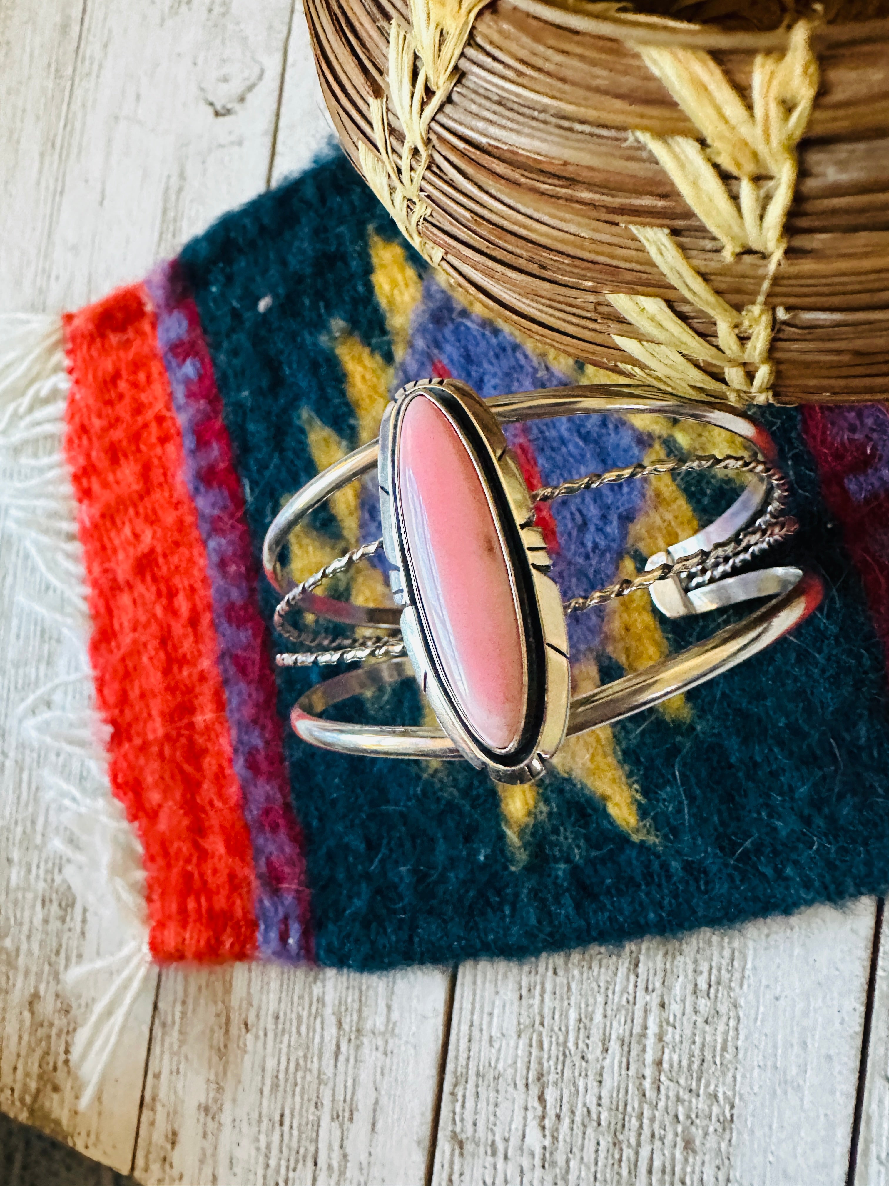 Navajo Queen Pink Conch Shell & Sterling Silver Cuff Bracelet