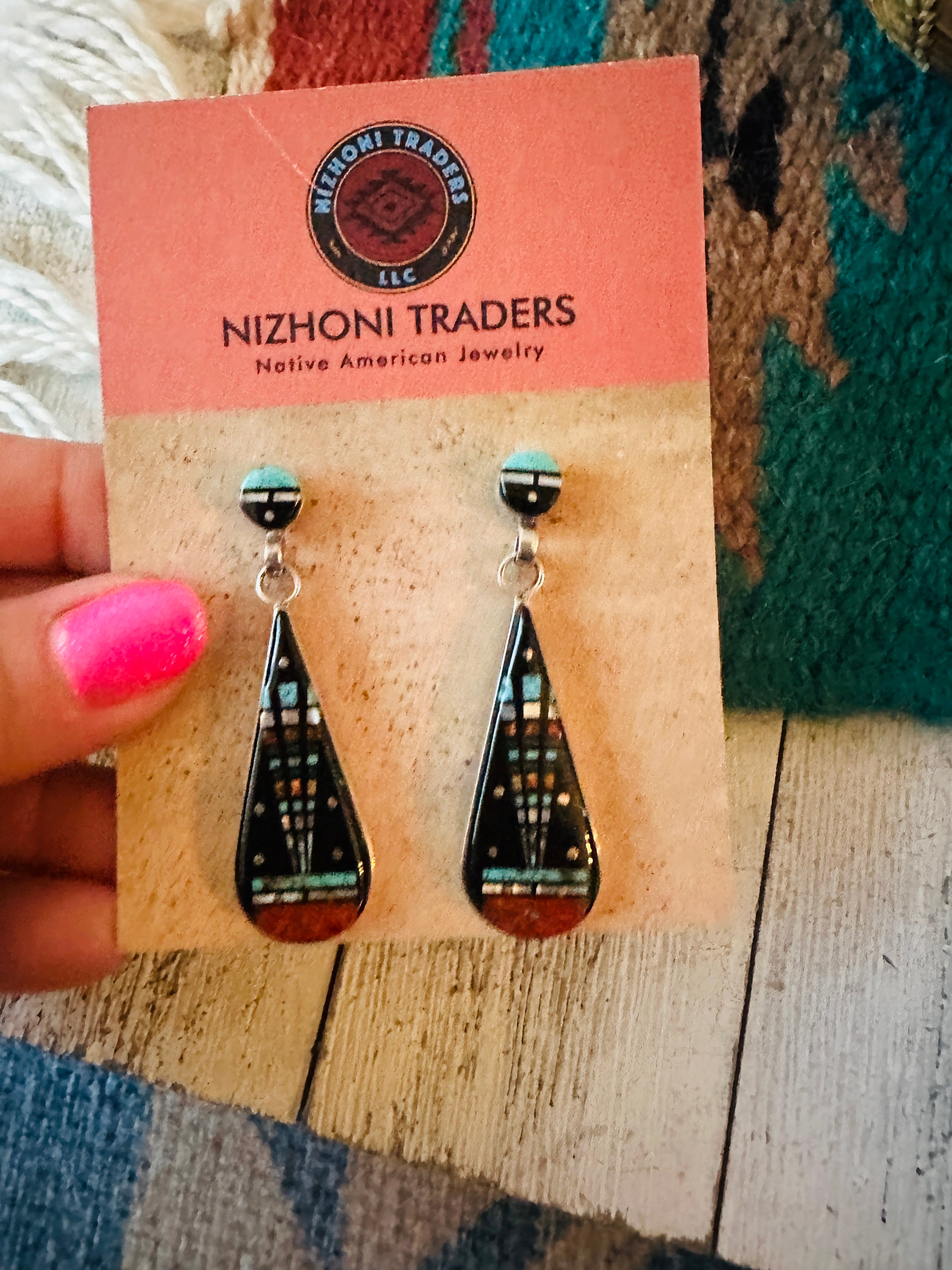 Navajo Sterling Silver & Multi Stone Inlay Dangle Earrings