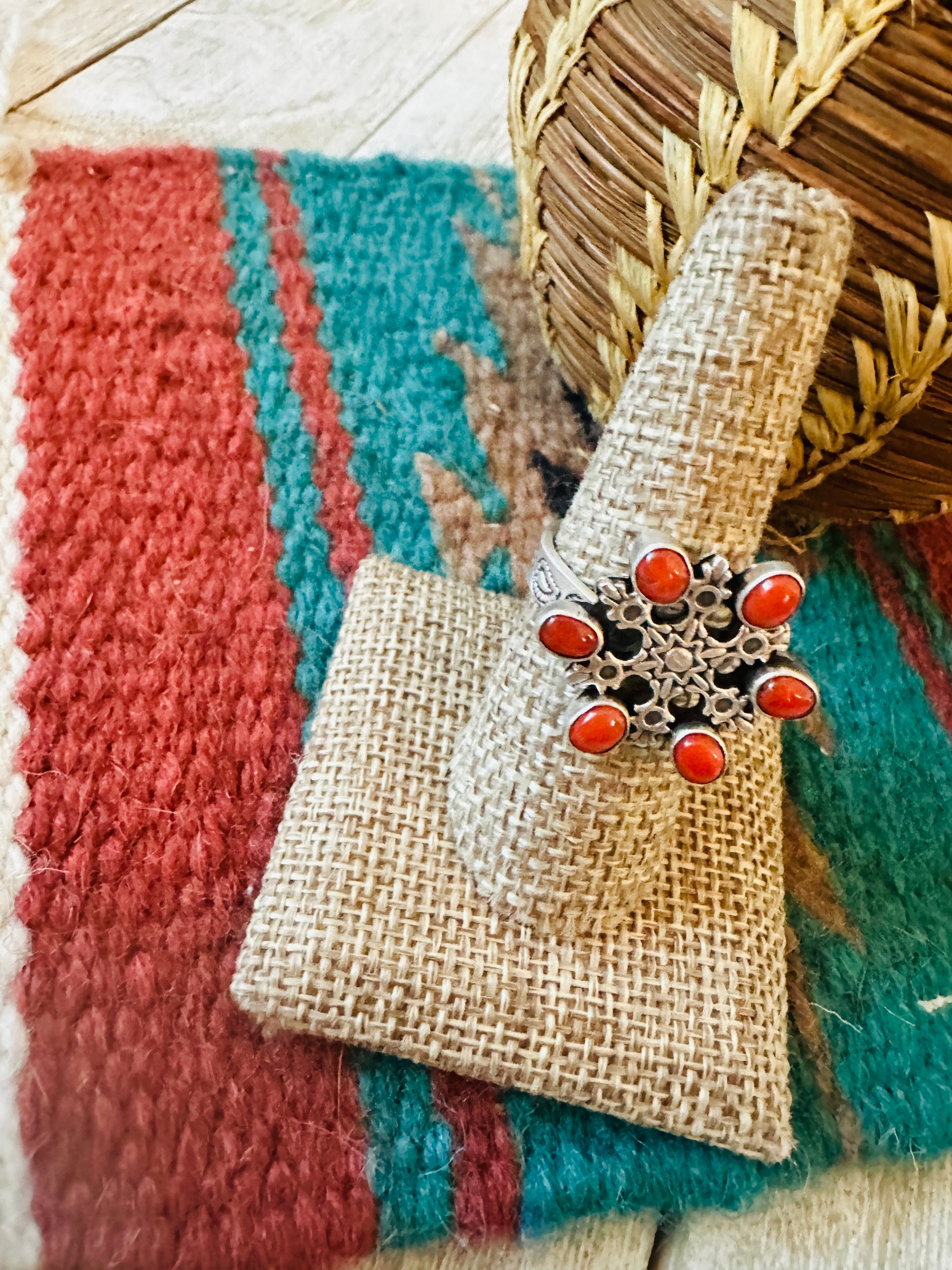 ** Christmas Collection ** Handmade Sterling Silver & Coral Adjustable Snowflake Ring Signed Nizhoni