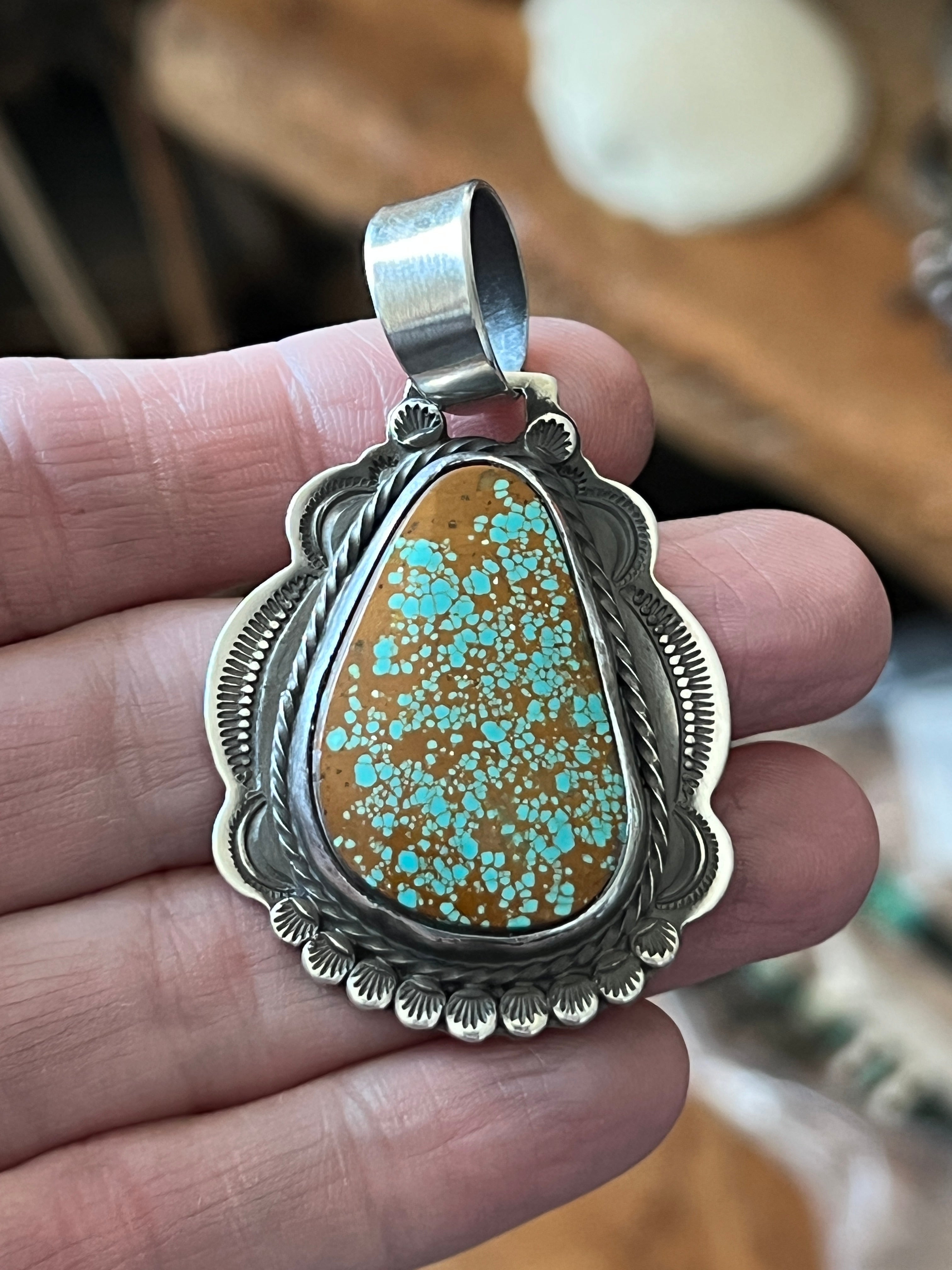 Hand Stamped Sterling Silver & Number 8 Turquoise Pendant by Kimari So