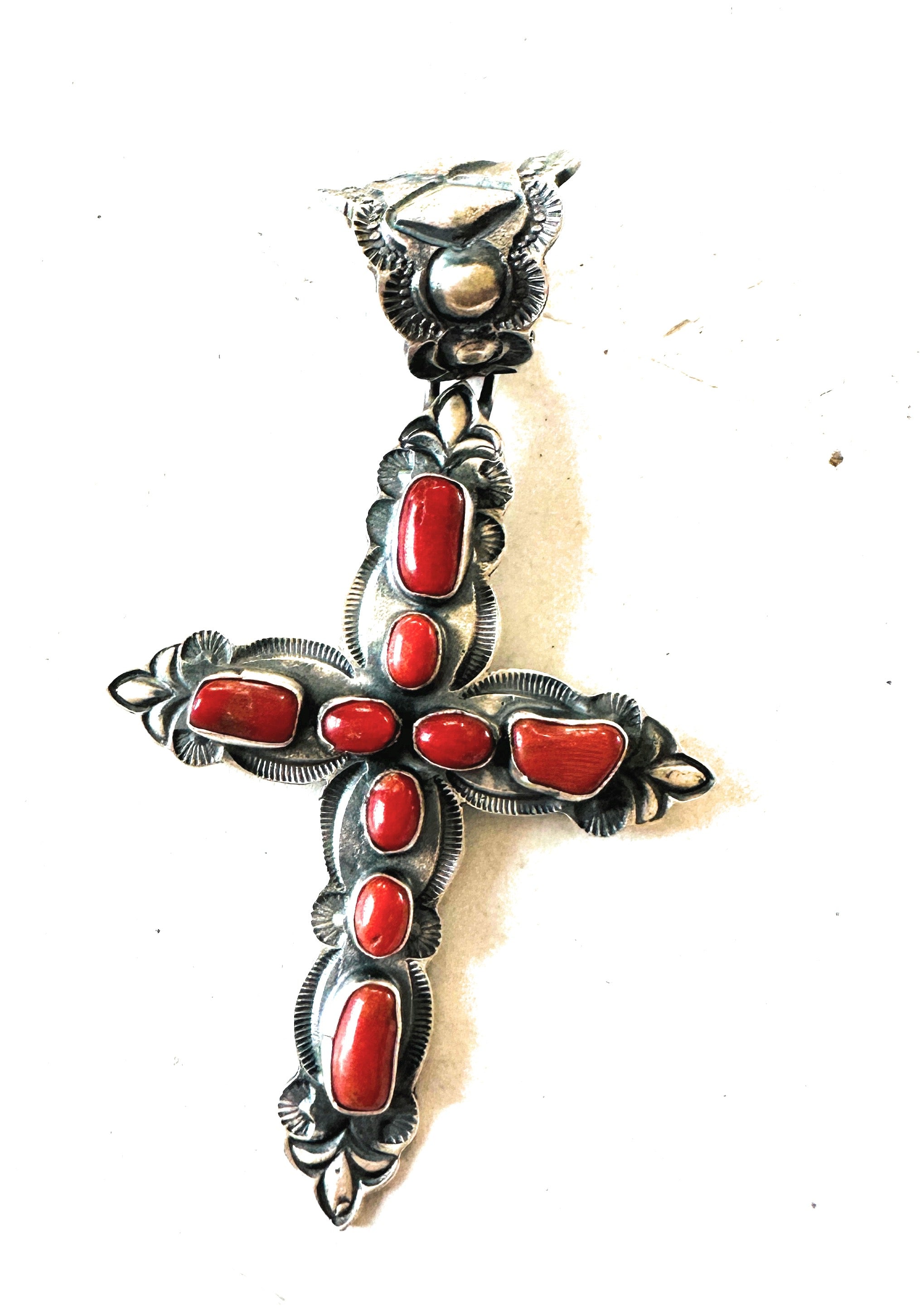 Navajo Sterling Silver & Coral Cross Pendant by Shawn Cayatineto