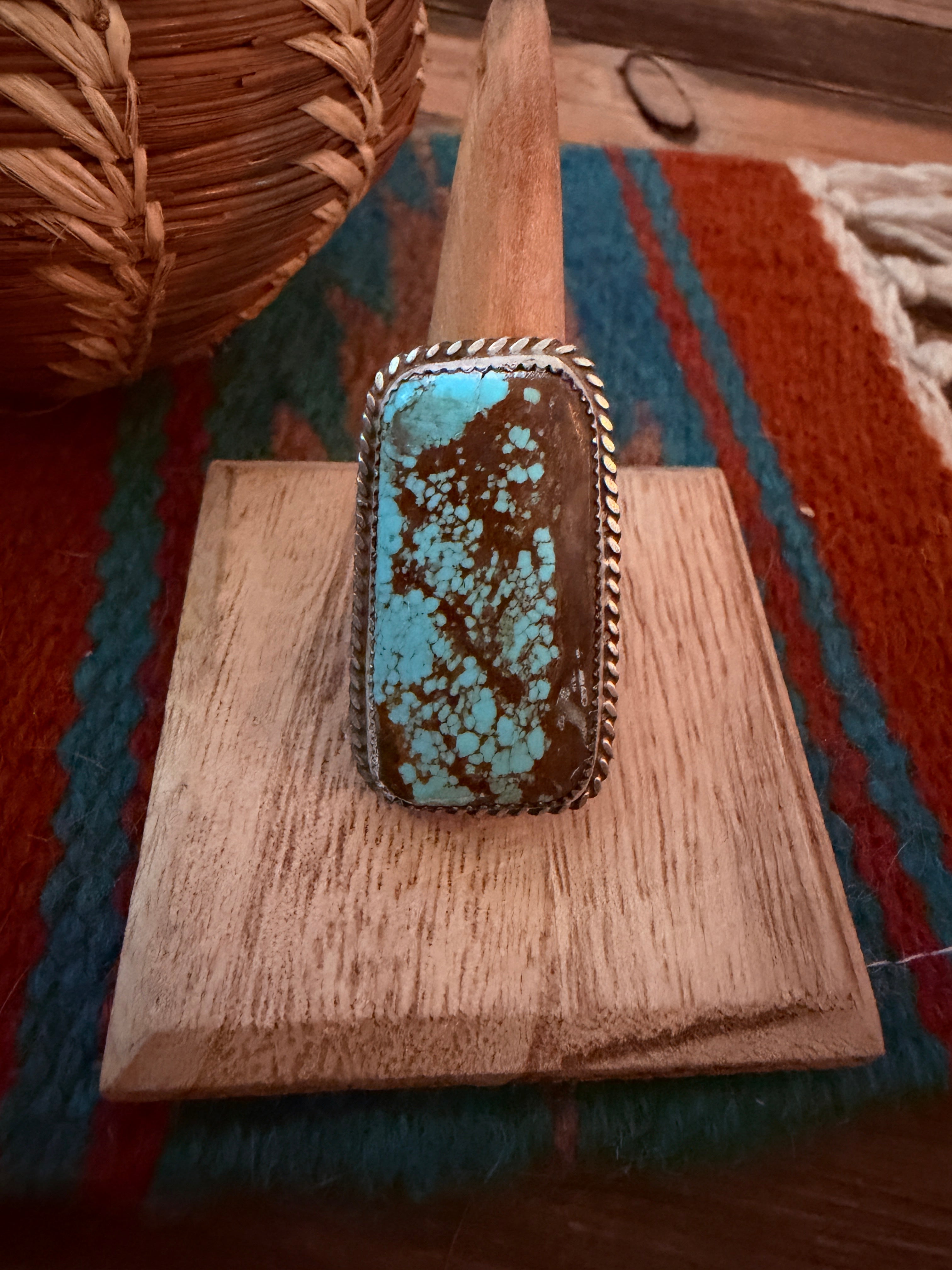 Handcrafted Royston Turquoise & Sterling Silver Ring Size 8.5 by Leslie Nez