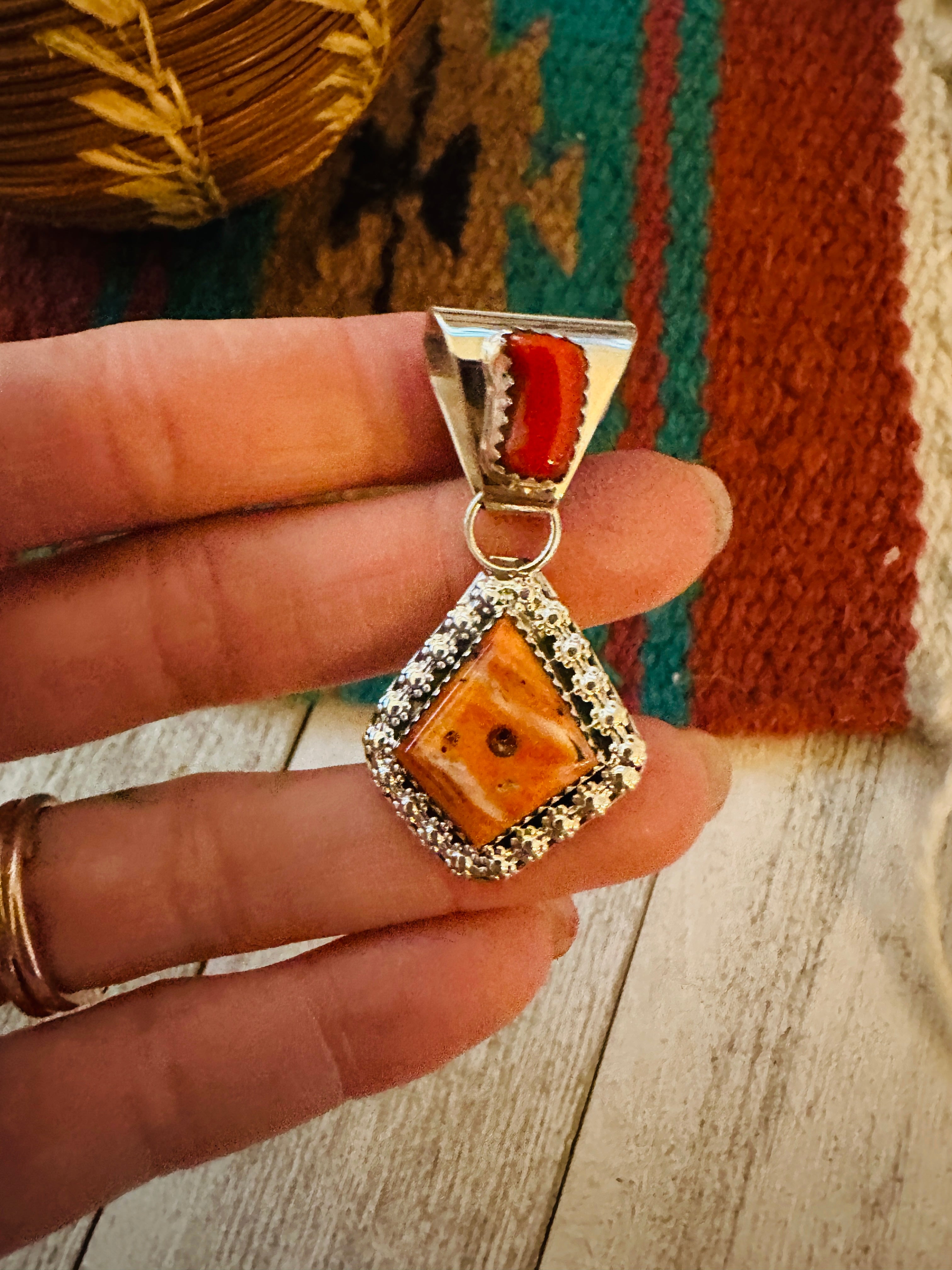 Navajo Coral, Spiny & Sterling Silver Pendant