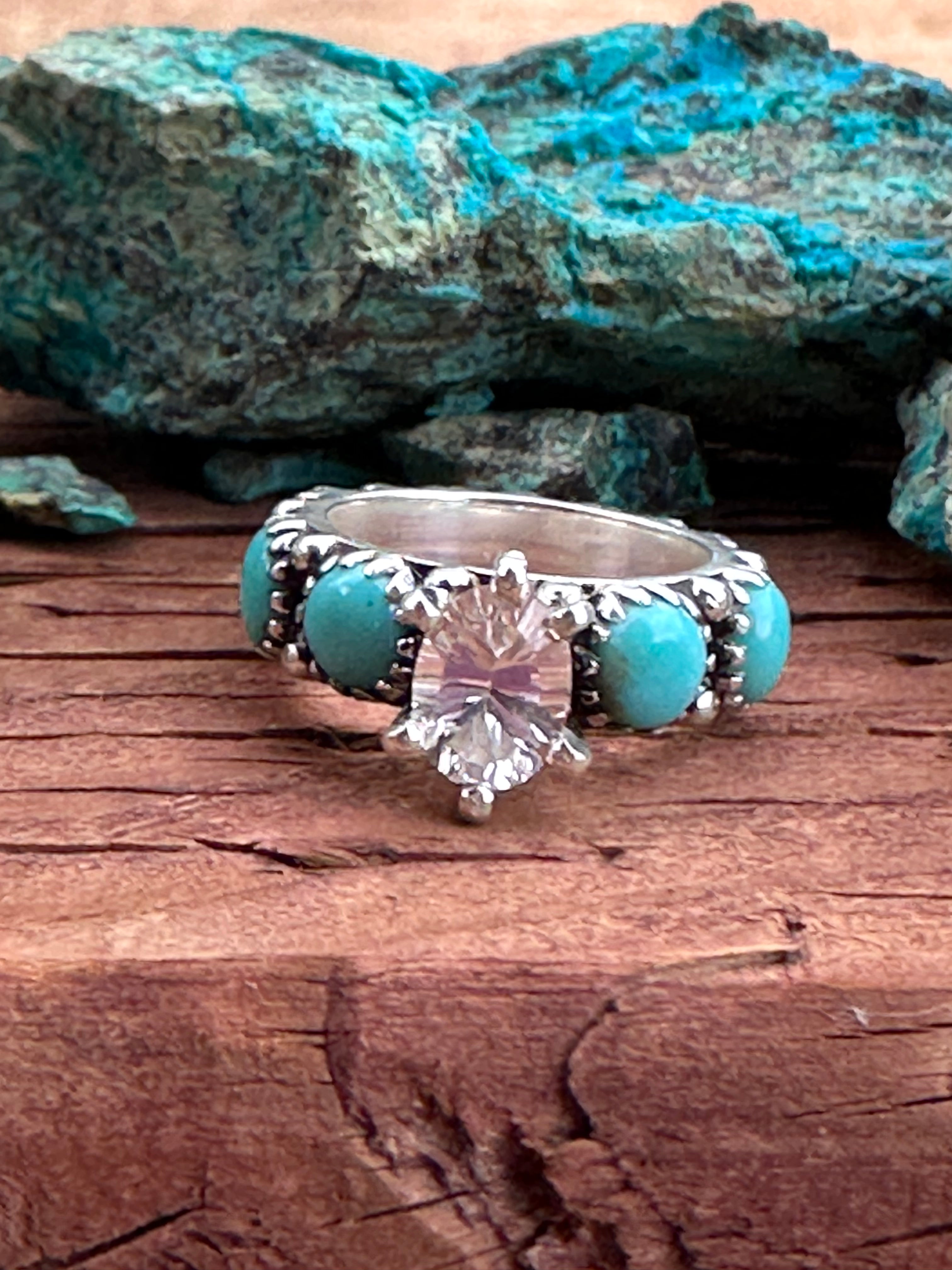 Kingman Turquoise & White Topaz Sterling Silver Forever Ring